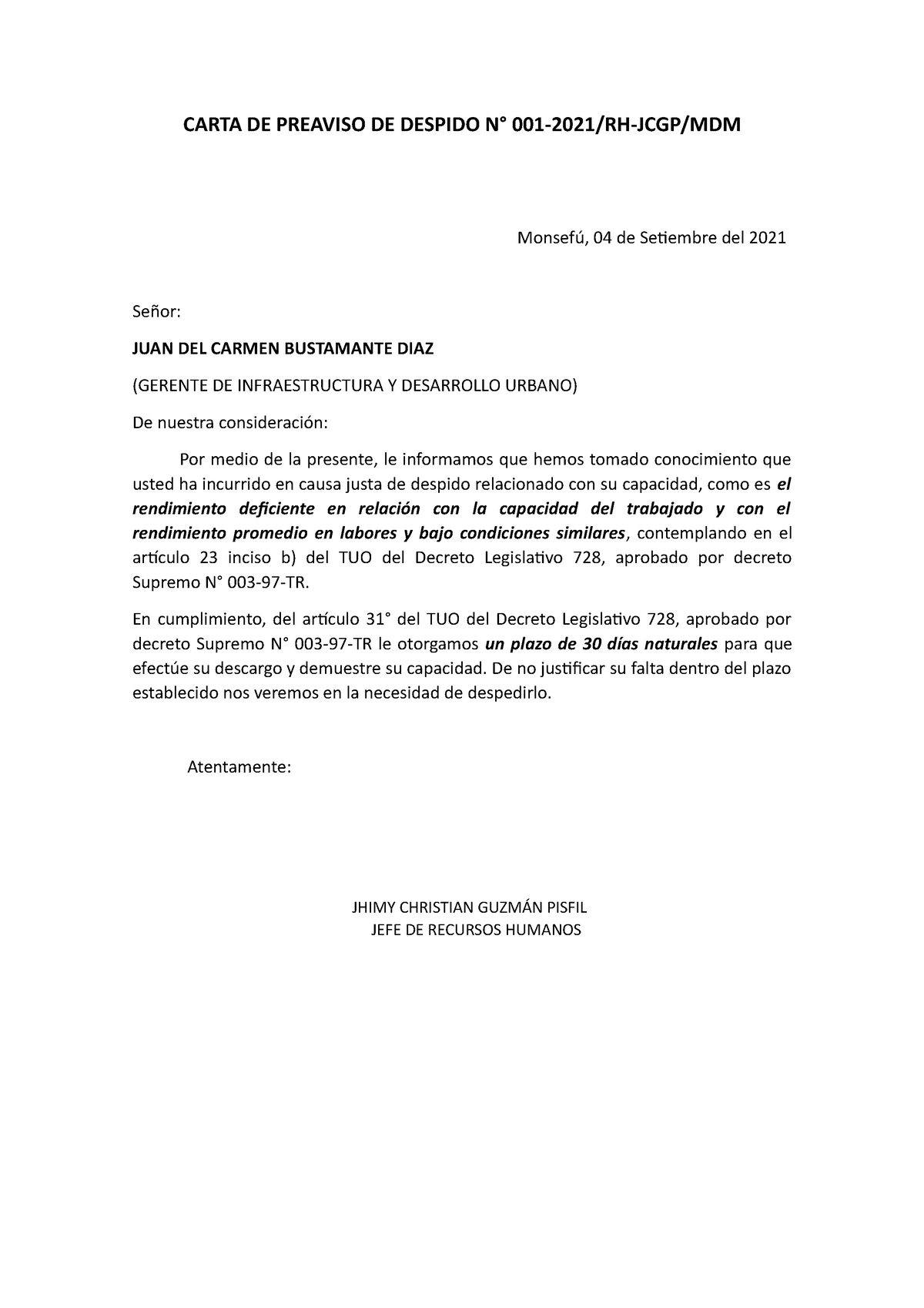 Carta De Preaviso De Despido Carta De Preaviso De Despido N° 001 2021rh Jcgpmdm Monsefú 04 1346