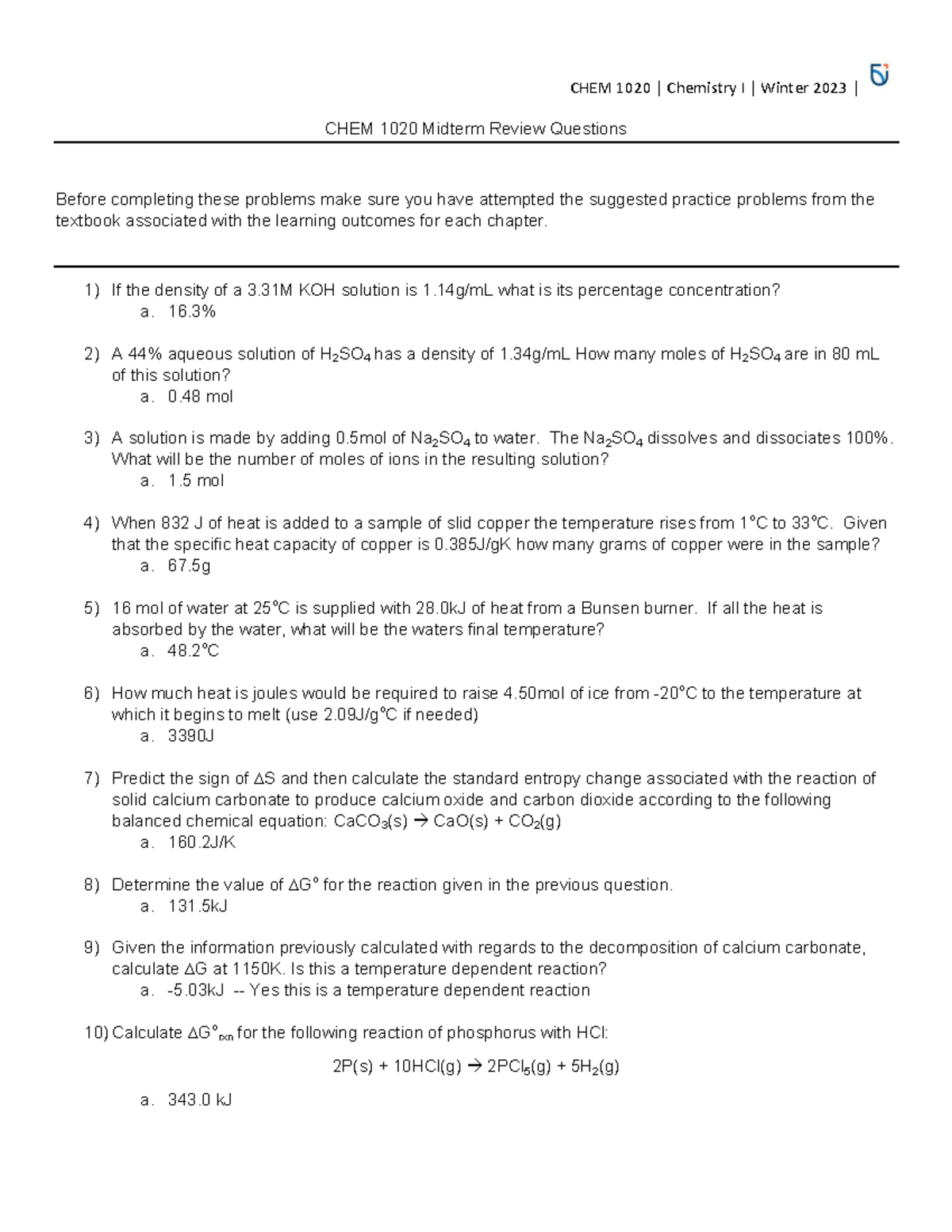 Midterm Review Worksheet - CHEM 1020 | Chemistry I | Winter 2023 | CHEM ...