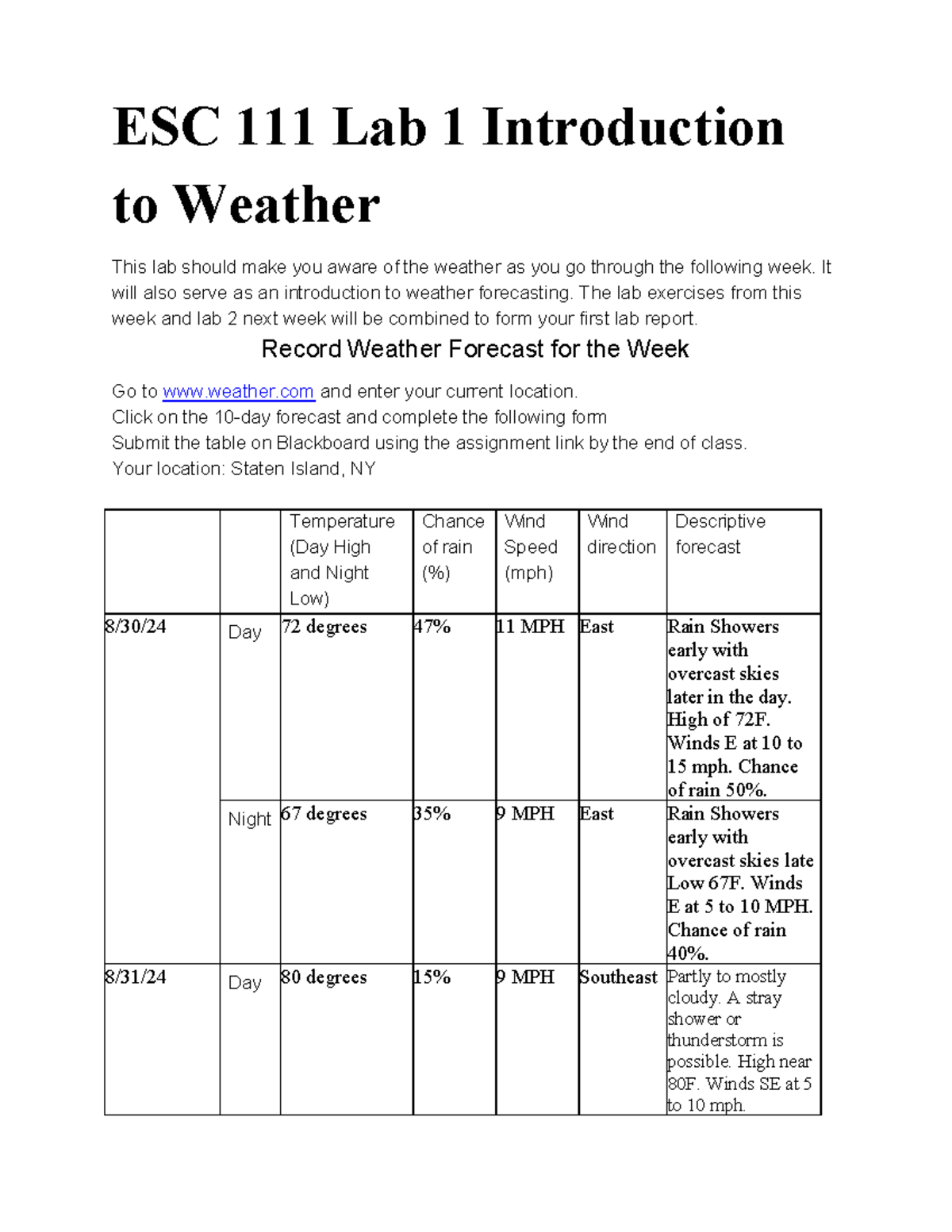 Labs #1 and 2 - Climate - ESC 111 Lab 1 Introduction to Weather This ...