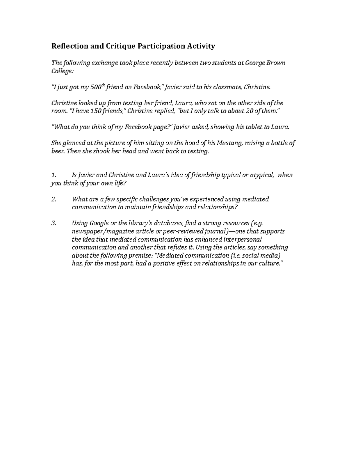 Reflection Activity 3 - Reflection and Critique Participation Activity ...