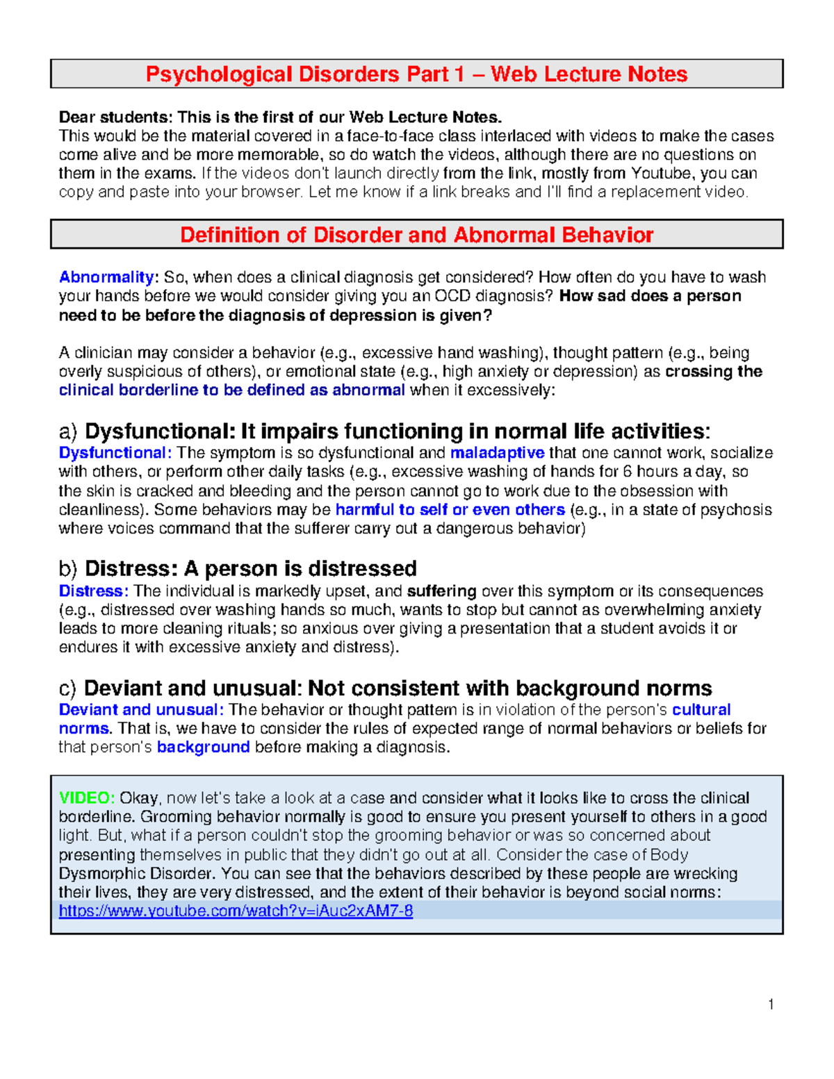 Disorders Part 1 Web Lecture Notes - Psychological Disorders Part 1 ...