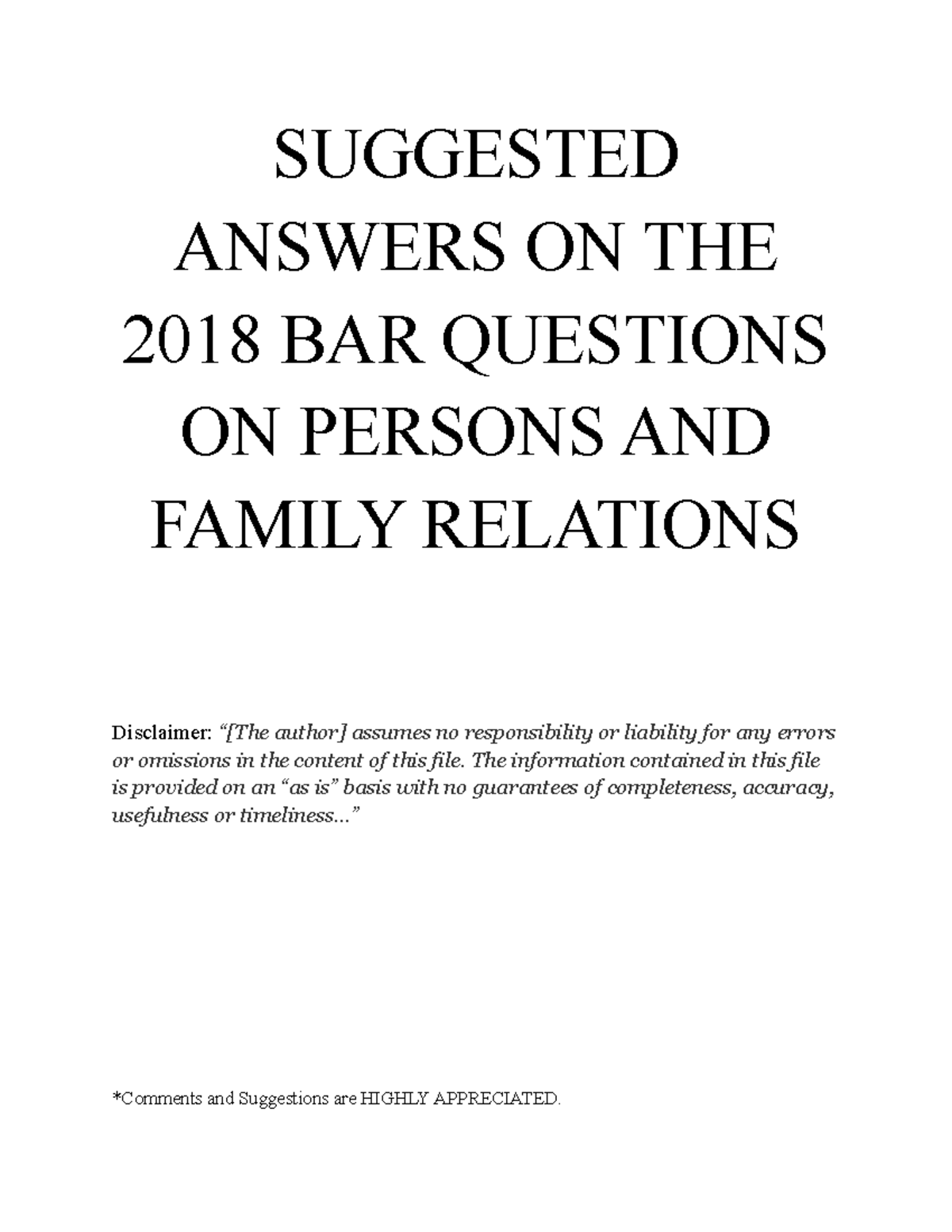 Suggested Answers ON THE 2018 BAR Questi SUGGESTED ANSWERS ON THE