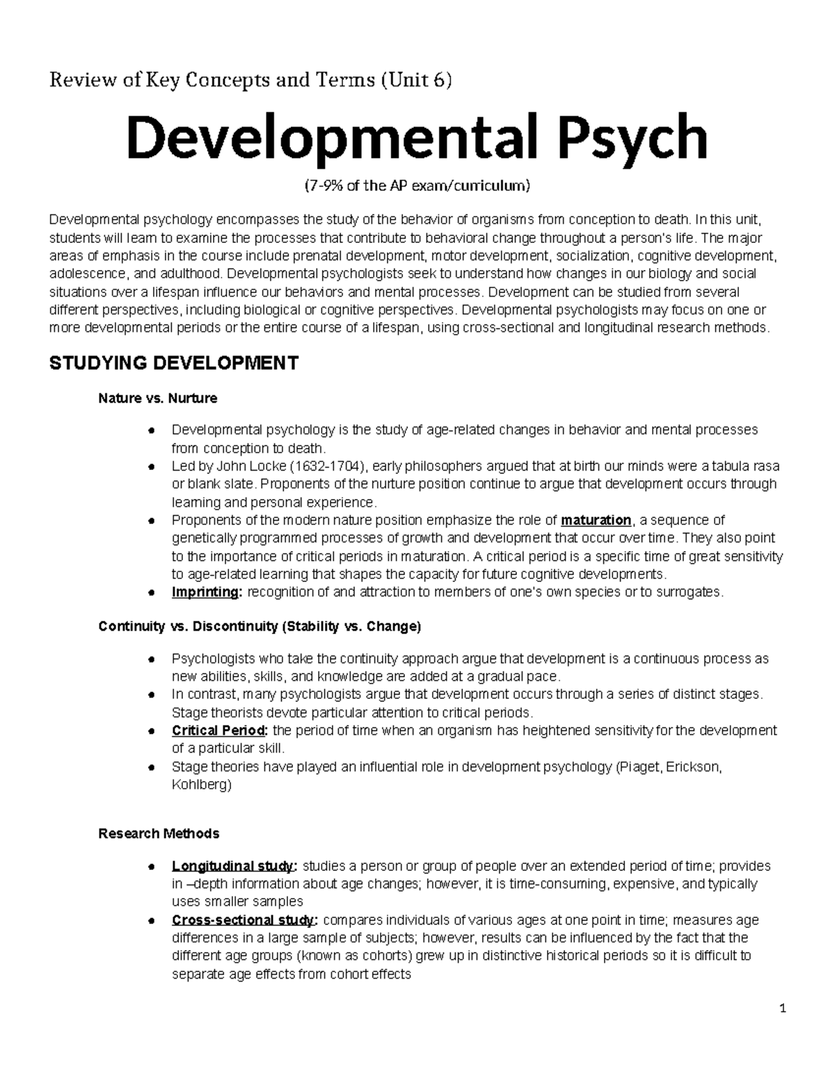 Review Unit 6 Development Review Of Key Concepts And Terms Unit 6 Developmental Psych 3494