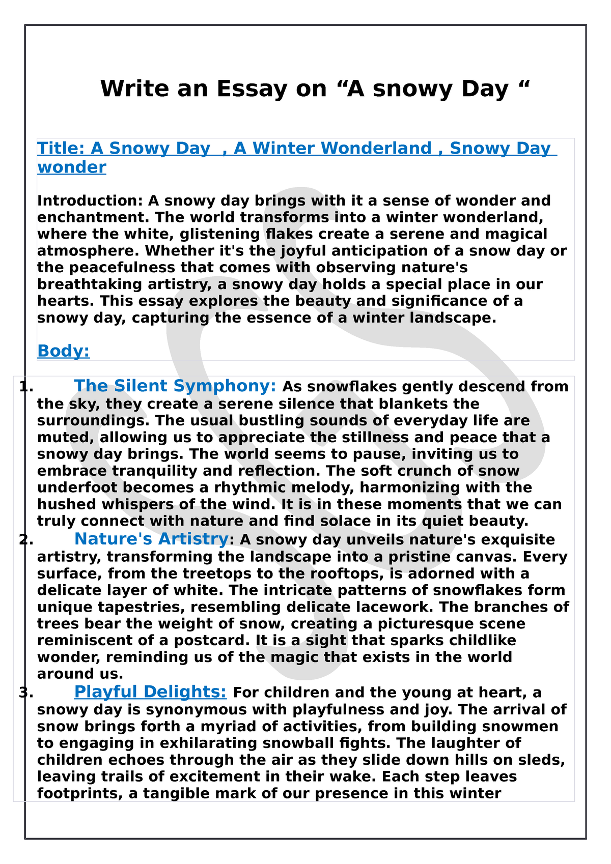 snowy day essay