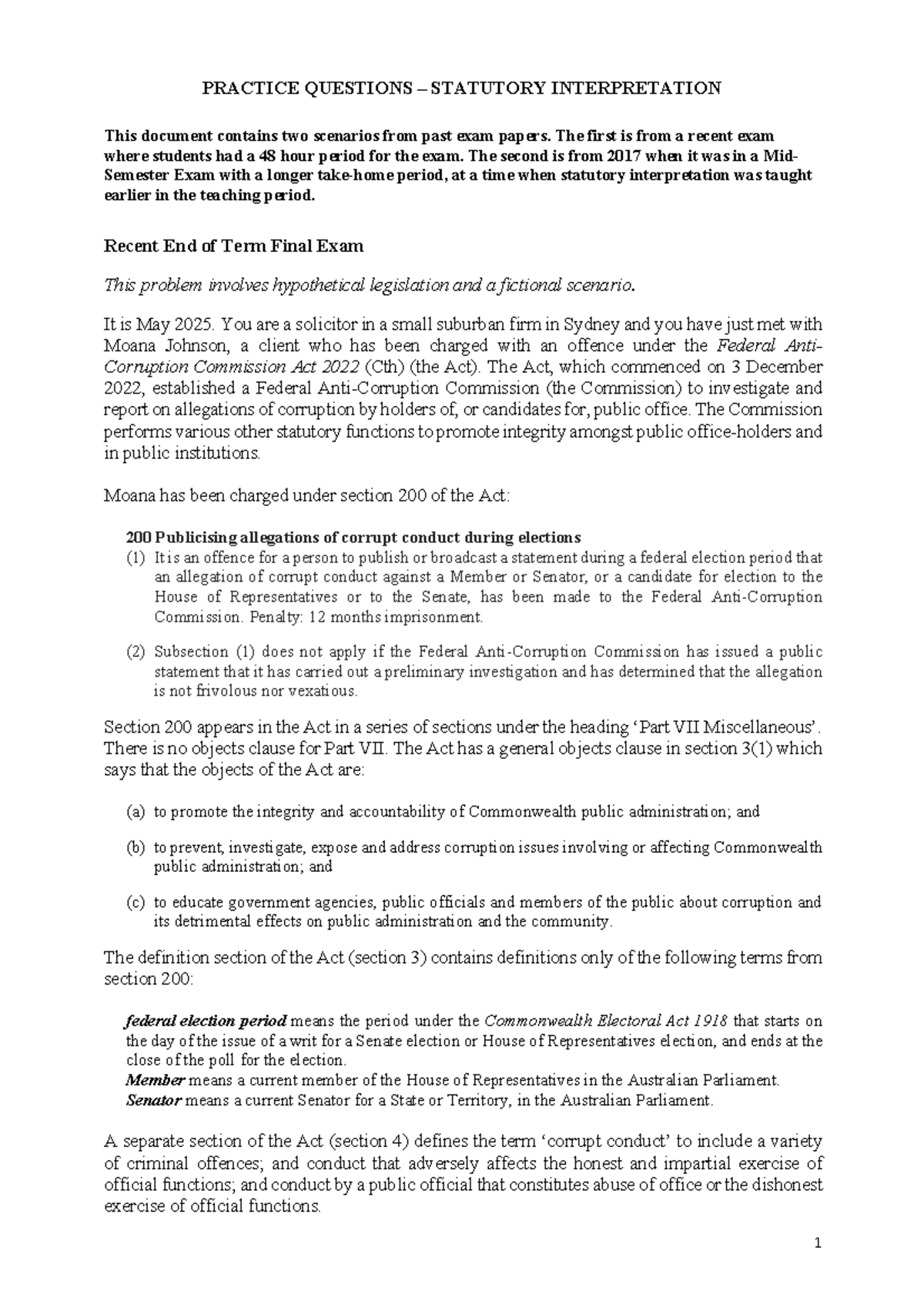 Practice Questions Statutory Interpretation PPL T2 2023 PRACTICE