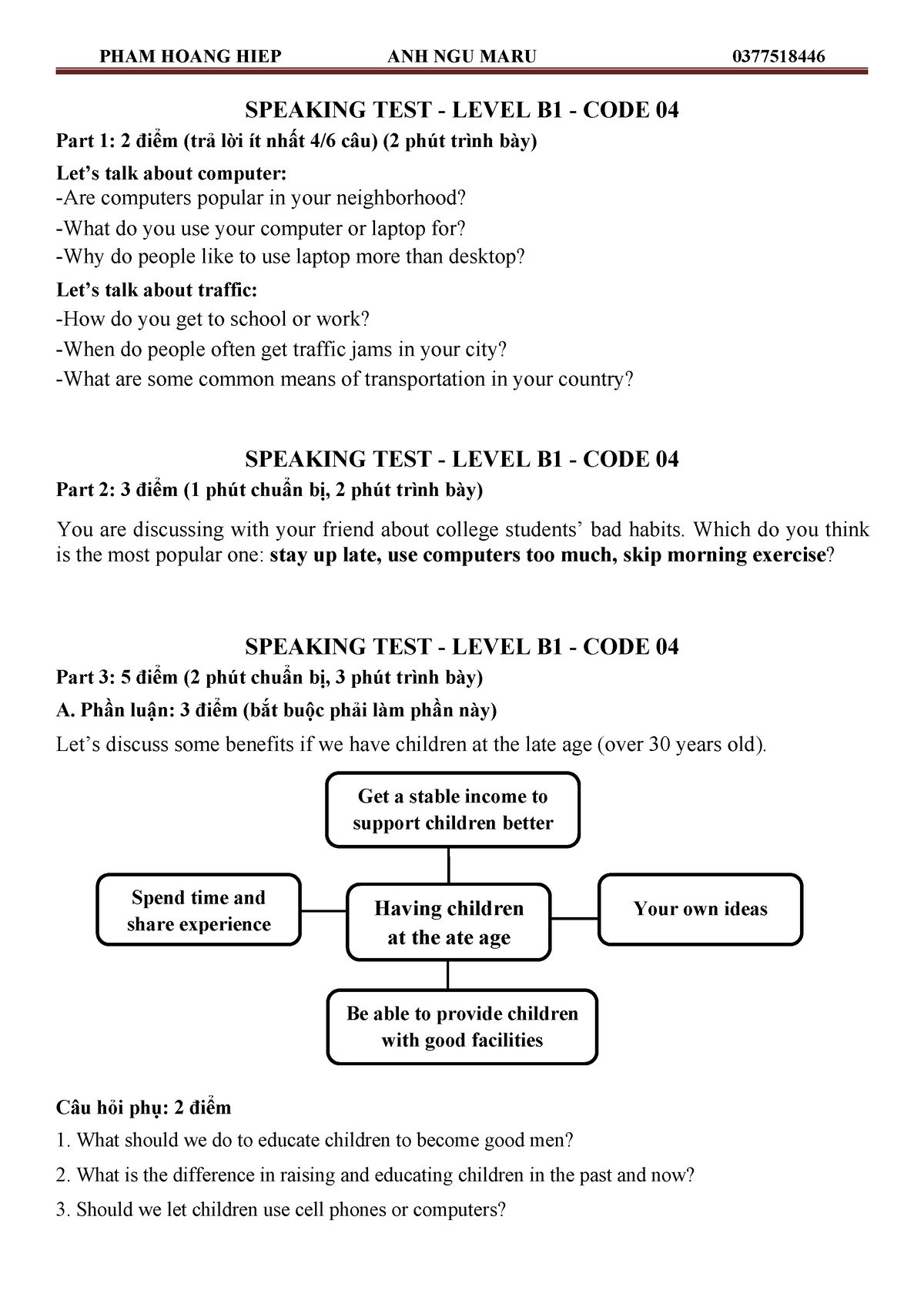 Speaking TEST 4 - PHAM HOANG HIEP ANH NGU MARU 0377518446 SPEAKING TEST ...