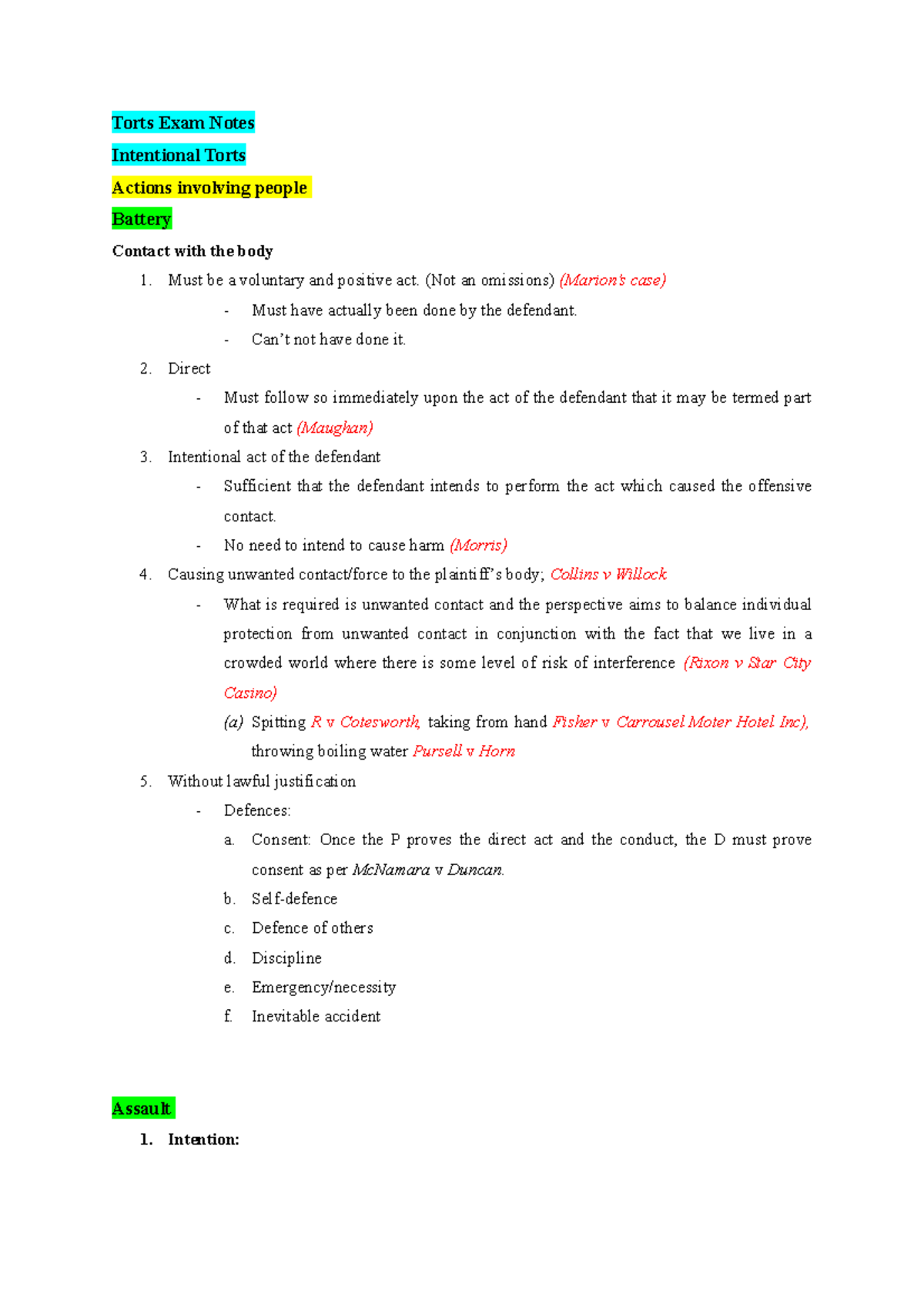 Torts Exam Notes - Summaries of tort law course - Torts Exam Notes ...