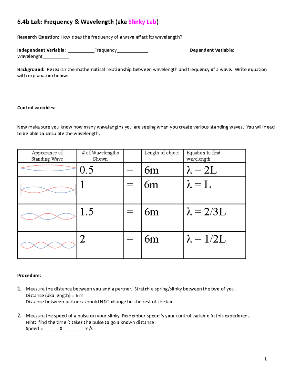 6.4 Slinky LabBRB 6 Lab Frequency & Wavelength (aka Slinky Lab