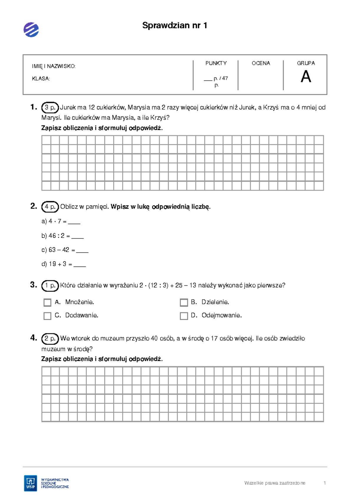 Sprawdzian Wiadomości Nr 1 Dla Klasy Iii Psm 1