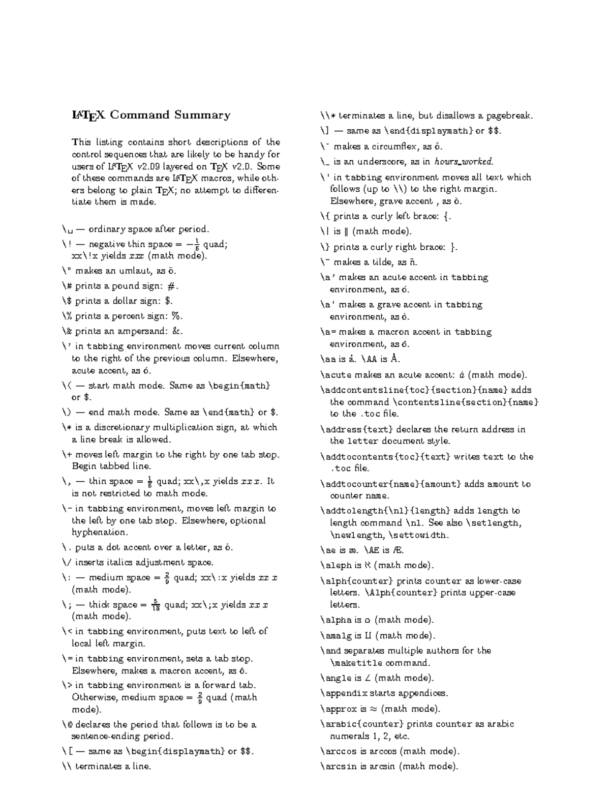 Latex Cheat Sheet as title LATEX Command Summary This listing