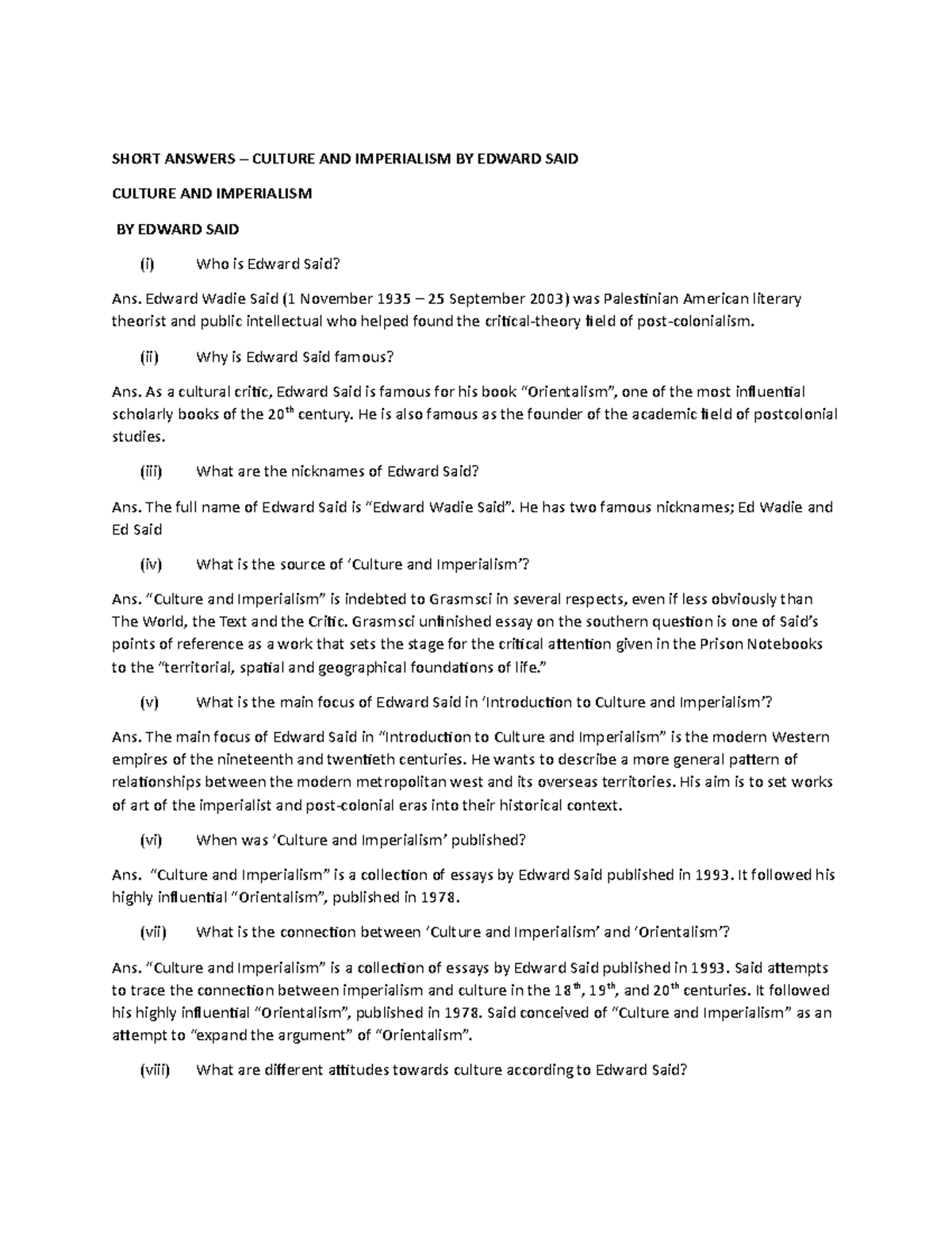 Culture And Imperialism - SHORT ANSWERS – CULTURE AND IMPERIALISM BY ...