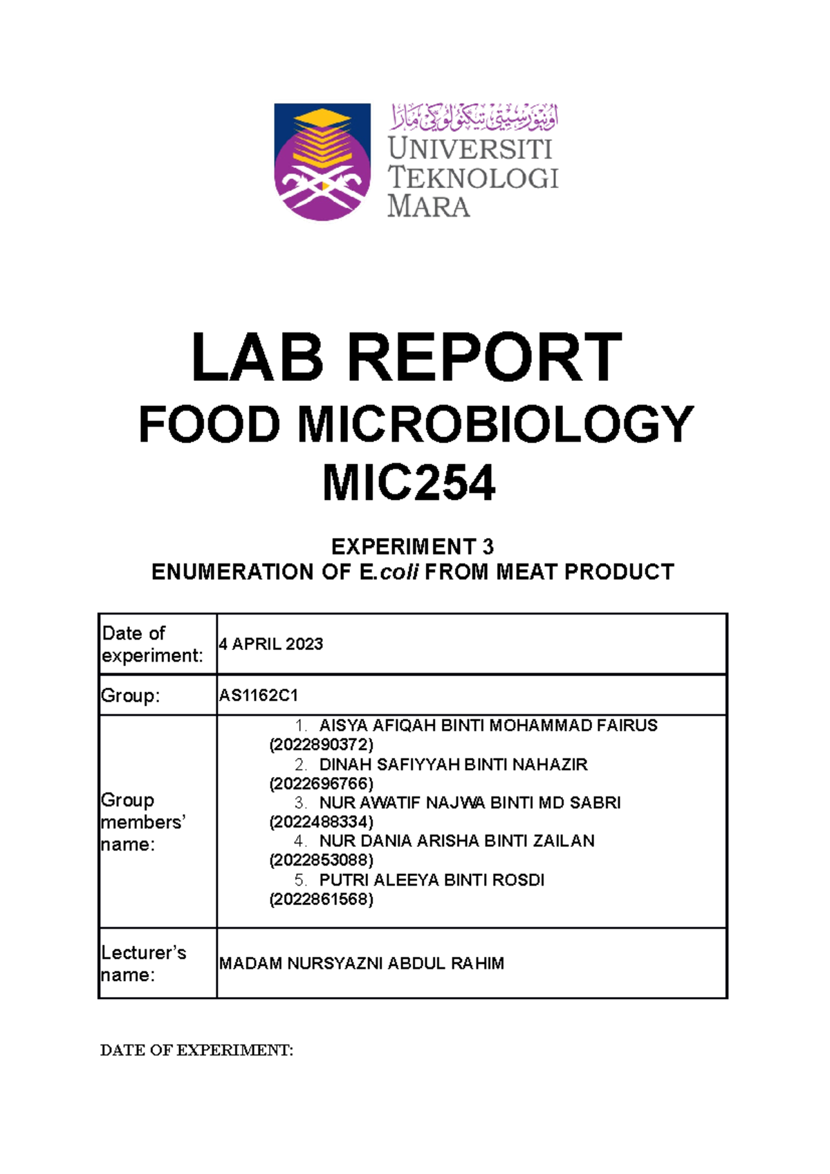 MIC LAB Report EX3 Desktop Poeqs 5P LAB REPORT FOOD MICROBIOLOGY