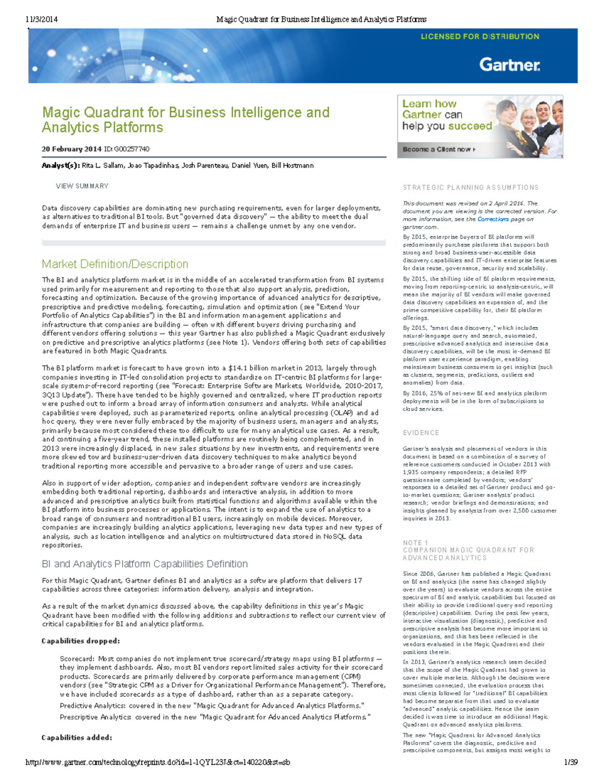 Gartner Magic Quadrant for Business Intelligence and Analytics ...