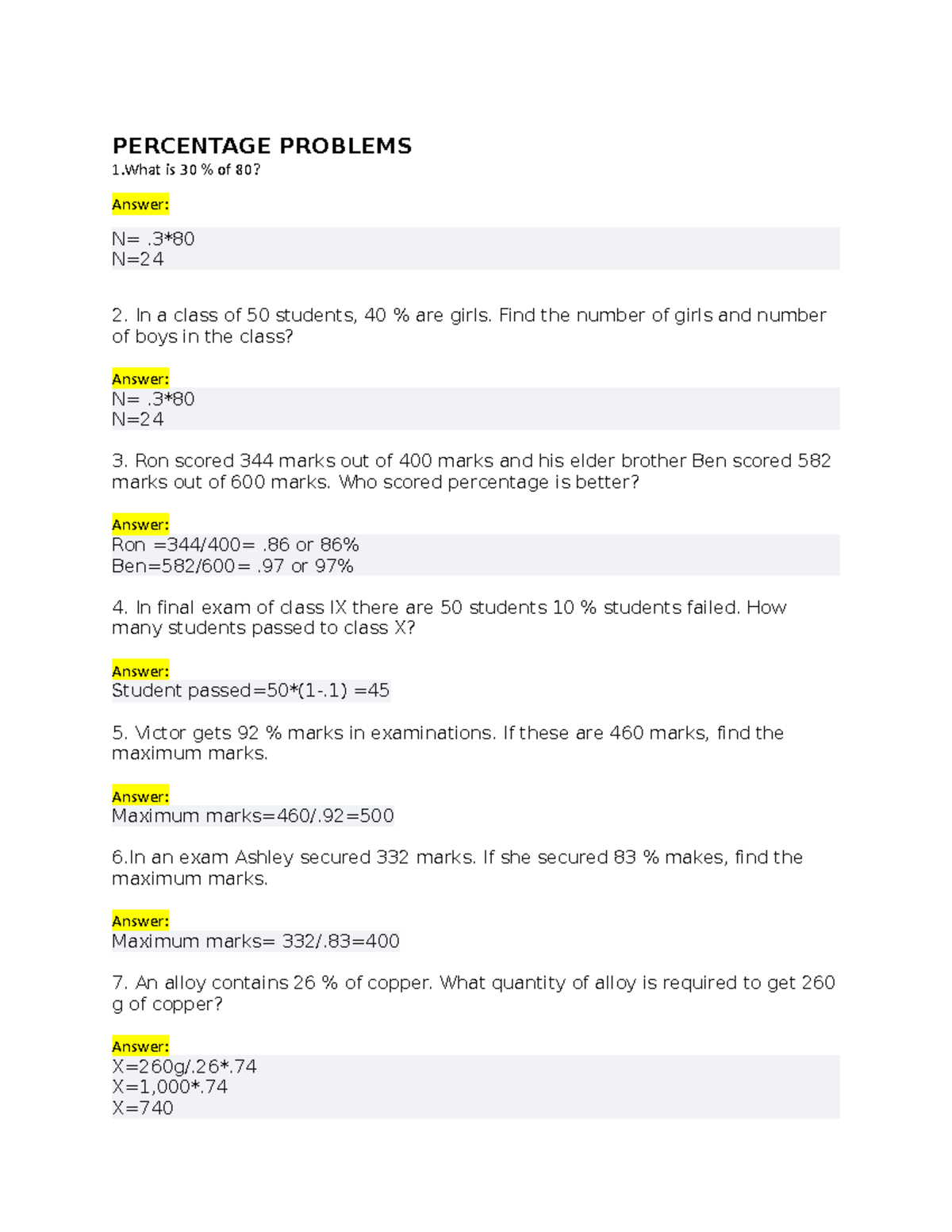 Percentage Problems Percentage Problems 1 Is 30 Of 80 Answer N 3 N 2 In A Class Of 50 Percentage Problems Percentage Problems 1 Is 30 Of 80 Answer N 3 N 2 In A Class Of 50