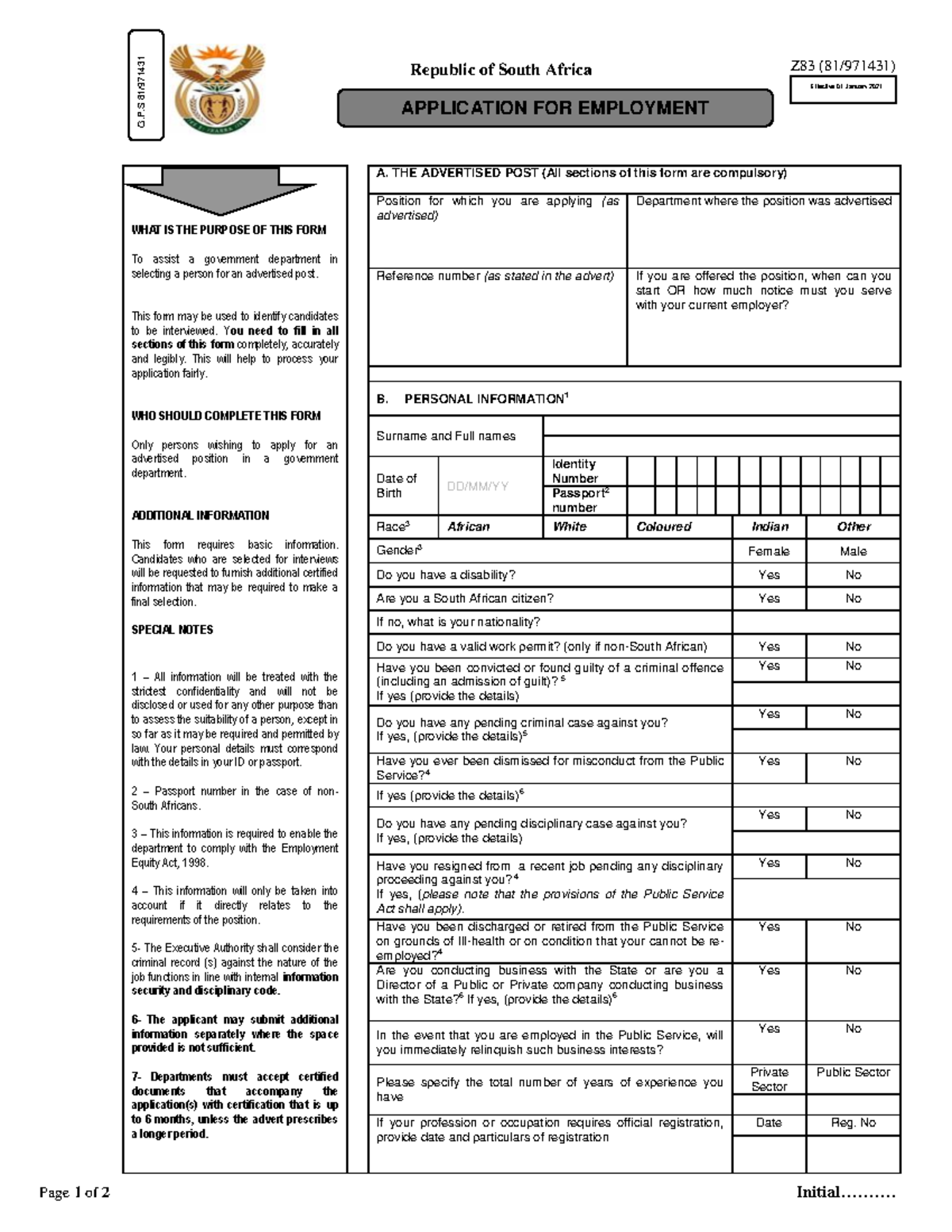 Application for Employment - Z83 (81/971431) Page 1 of 2 Initial ...