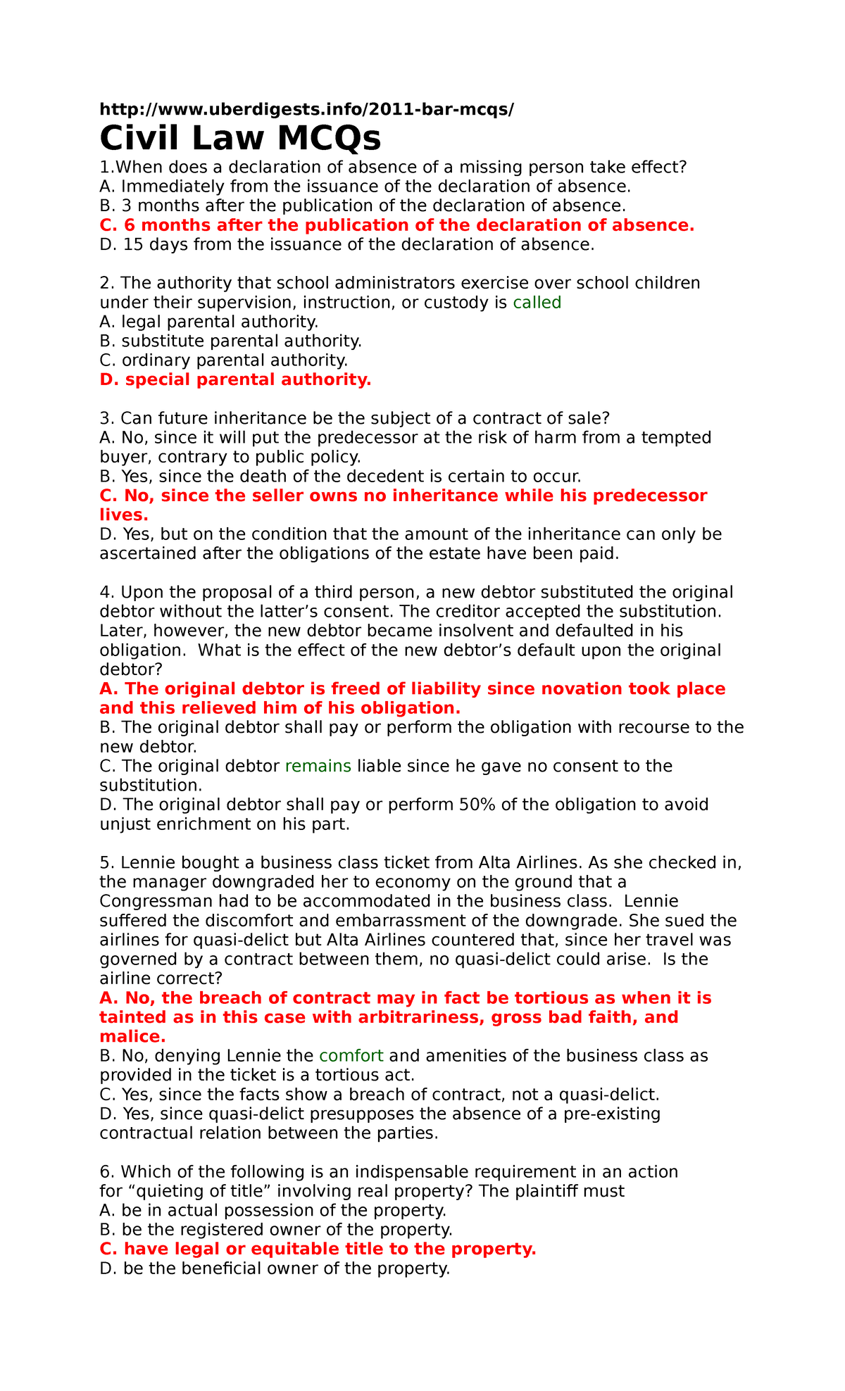 Civillawmcqs Lecture notes 1 uberdigests/2011barmcqs/ Civil Law