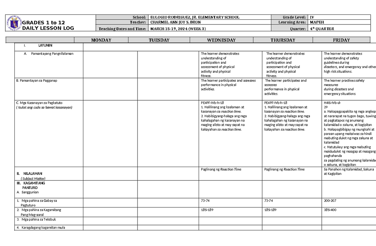DLL Mapeh 4 Q4 W3 - GRADES 1 to 12 DAILY LESSON LOG School: EULOGIO ...