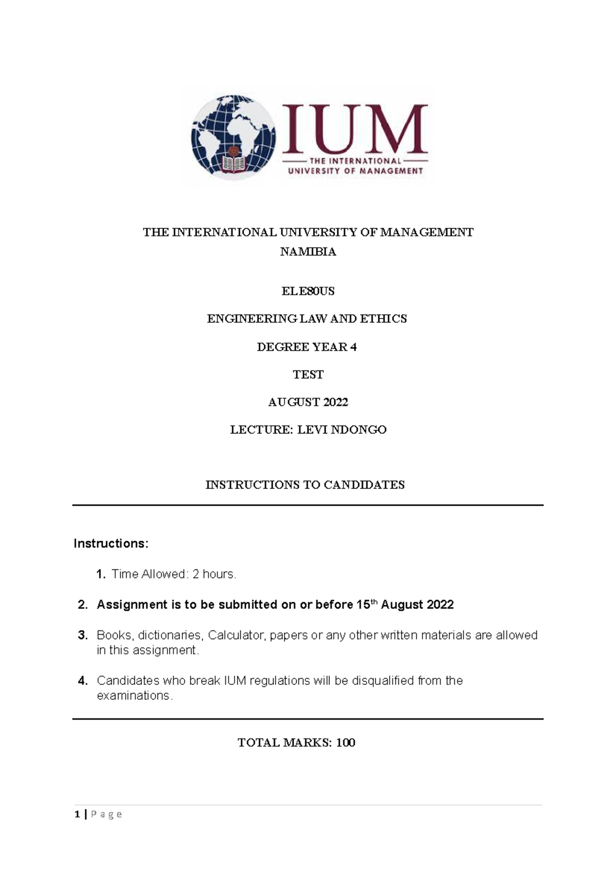 ELE80US Assignement 1 - assignment - THE INTERNATIONAL UNIVERSITY OF ...