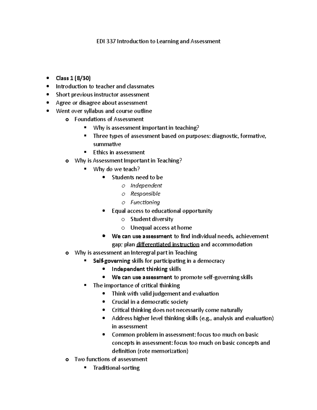 EDI 337 Introduction to Learning and Assessment Notes - EDI 337 ...