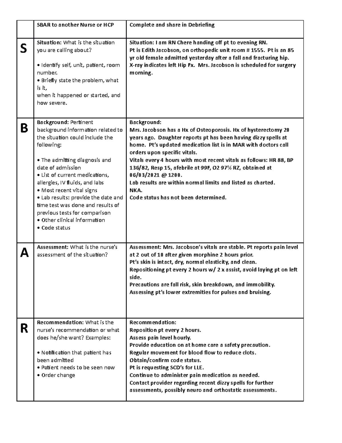 SBAR Assignment 202 Funds Sim Lab-1 (CH) - SBAR to another Nurse or HCP ...