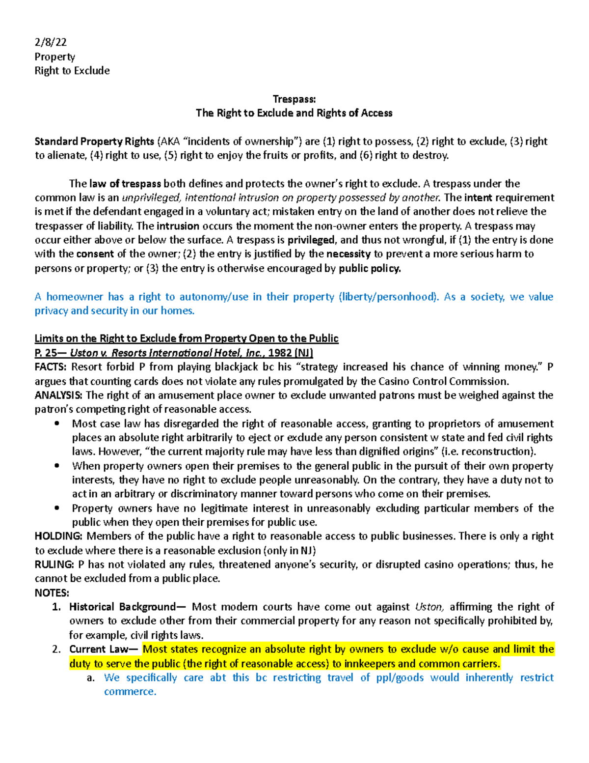 Right to Exclude Lecture notes 45 2/8/ Property Right to Exclude