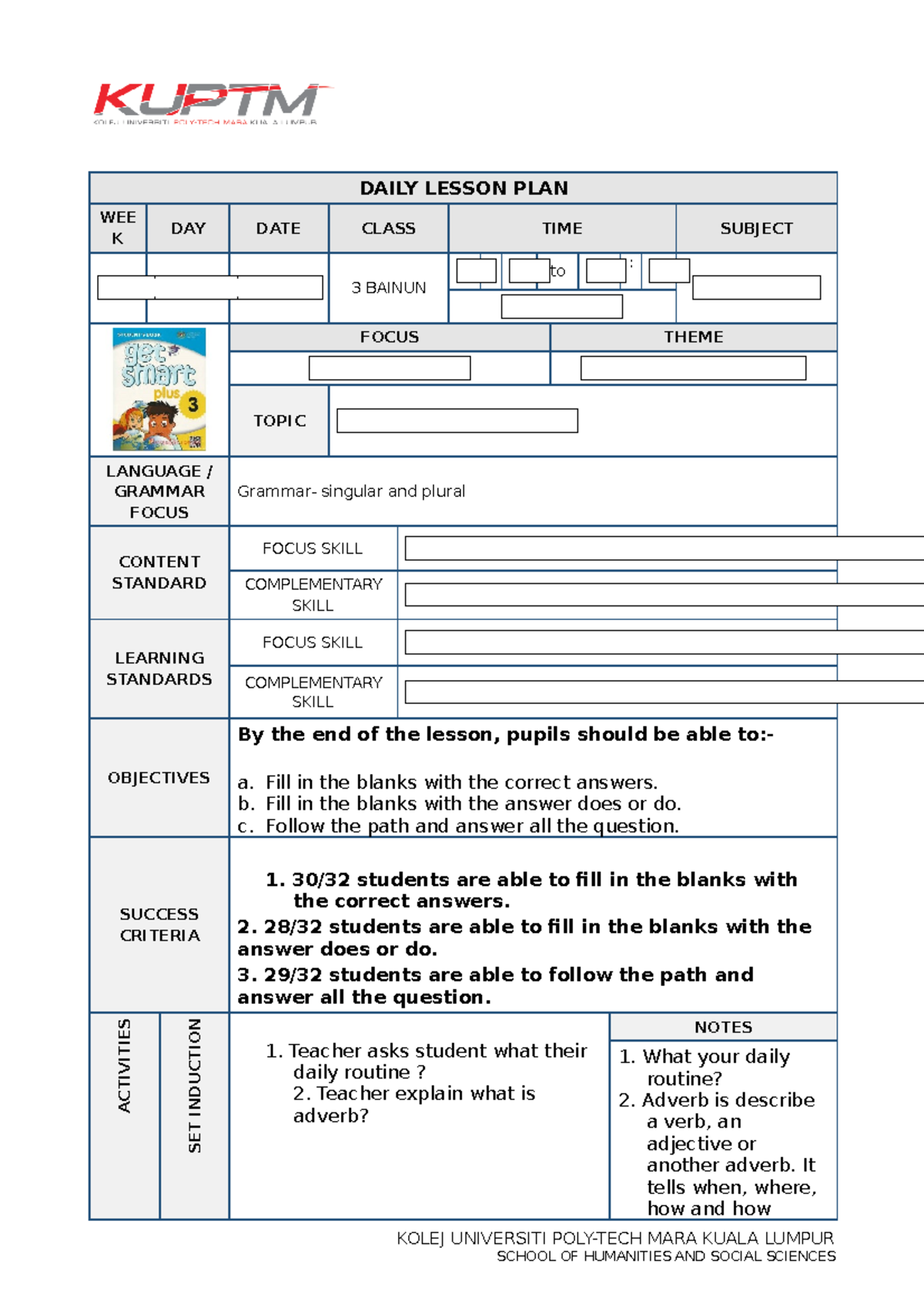EXAMPLE LESSON PLAN TEACHING METHOD - DAILY LESSON PLAN WEE K DAY DATE ...
