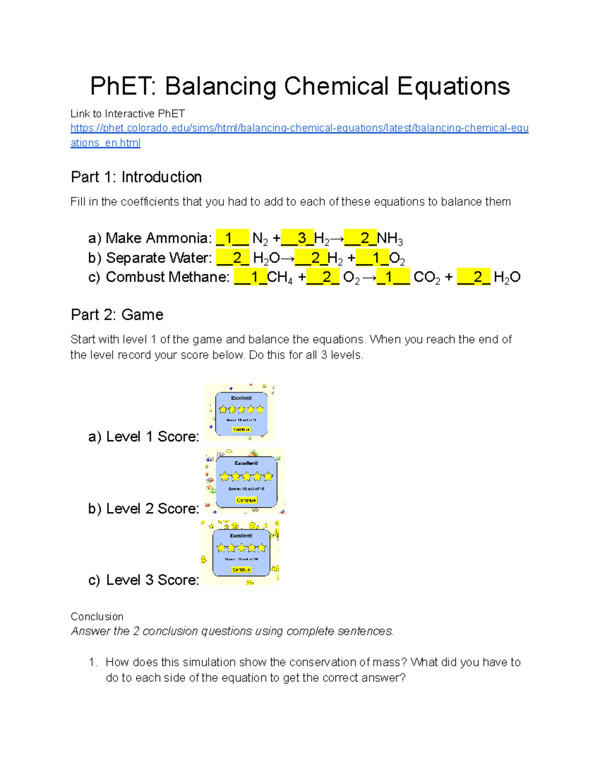 Copy of Phet Balancing Chemical Equations (digital) PhET Balancing