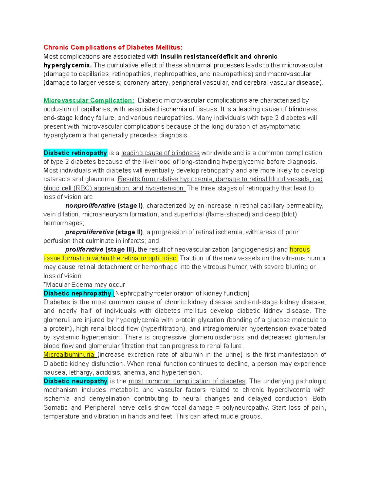 Patho study guide 1 - Chronic Complications of Diabetes Mellitus: Most ...