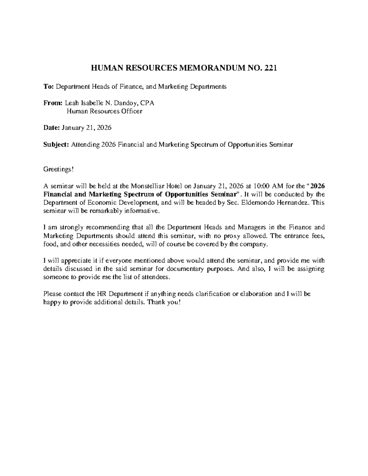 Memo Grade A HUMAN RESOURCES MEMORANDUM NO. 221 To Department