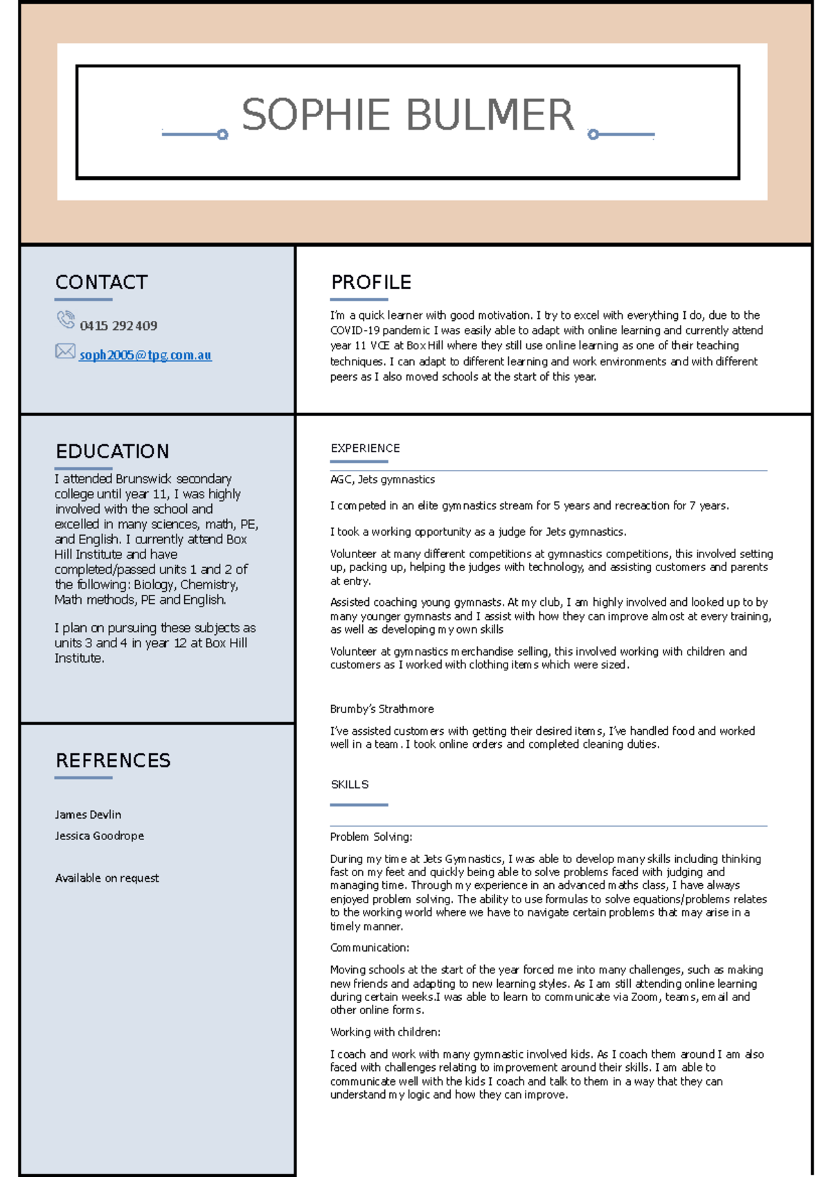 Sophie bulmer resume - tab - SOPHIE BULMER CONTACT 0415 292 409 ...