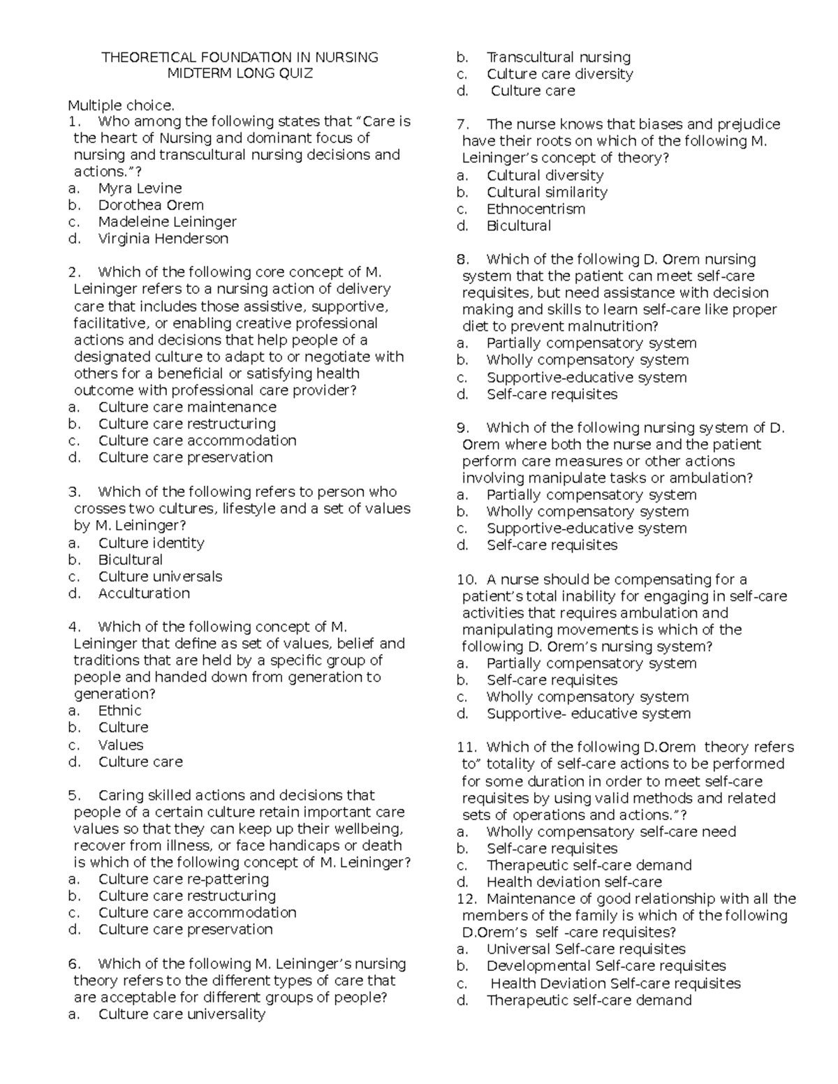 NURSING THEORIES QUIZ - THEORETICAL FOUNDATION IN NURSING MIDTERM LONG ...