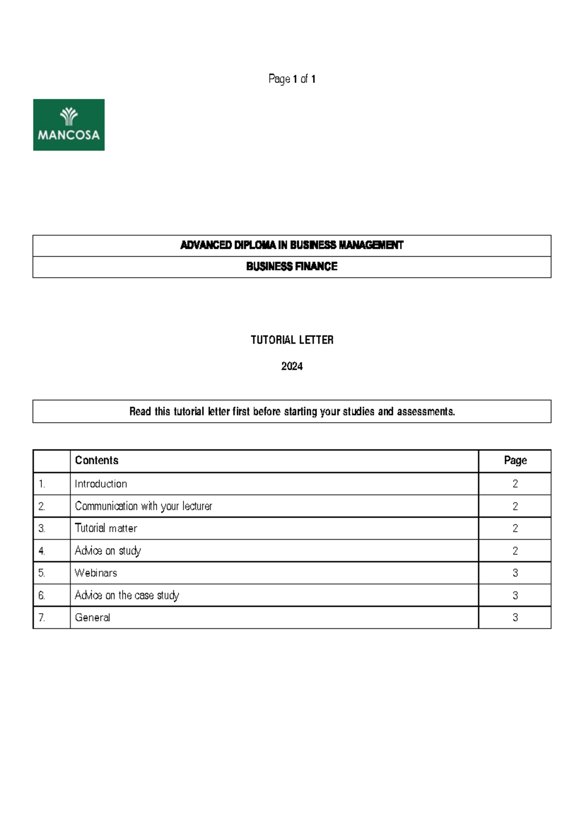 Business finance letter - Read this tutorial letter first before ...