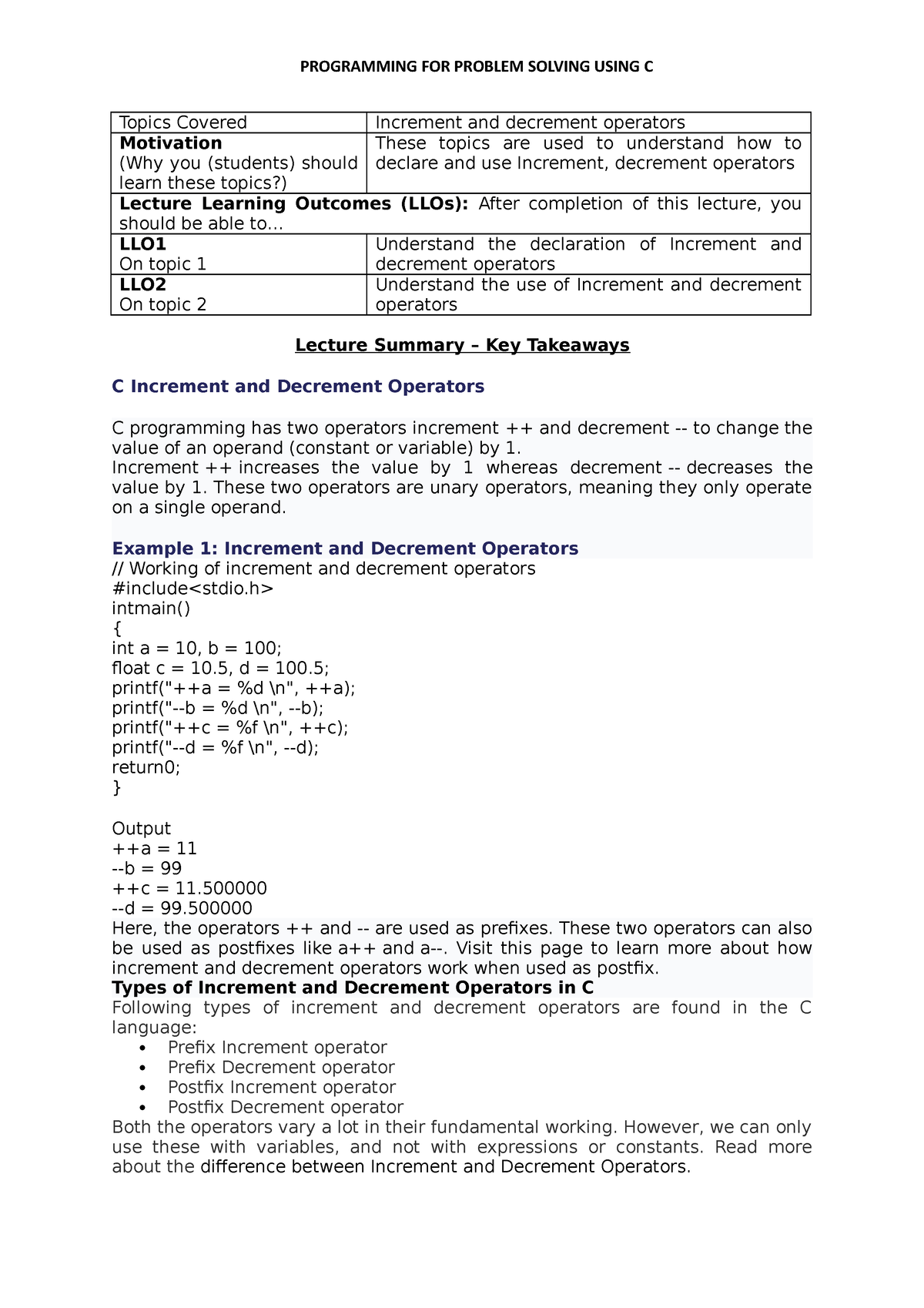 Increment And Decrement Operators - Topics Covered Increment And ...