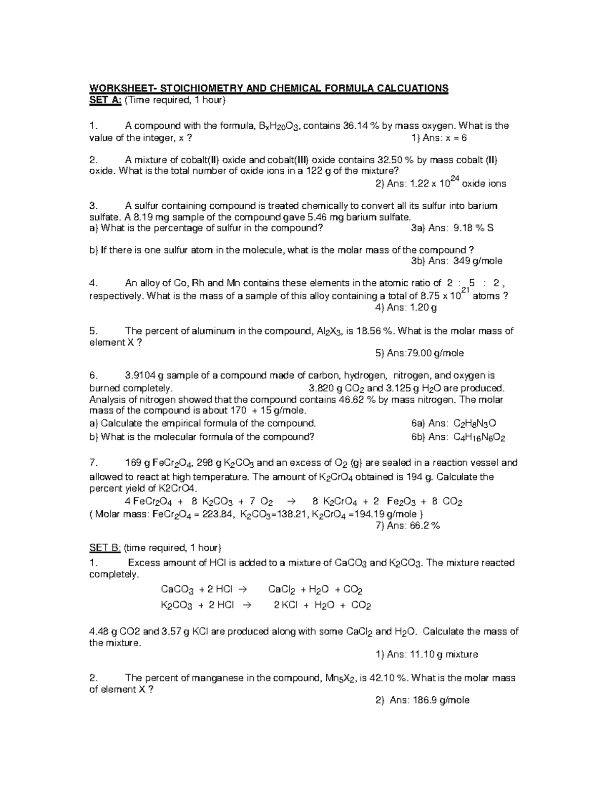 Worksheet stoi - dvd - WORKSHEET- STOICHIOMETRY AND CHEMICAL FORMULA ...