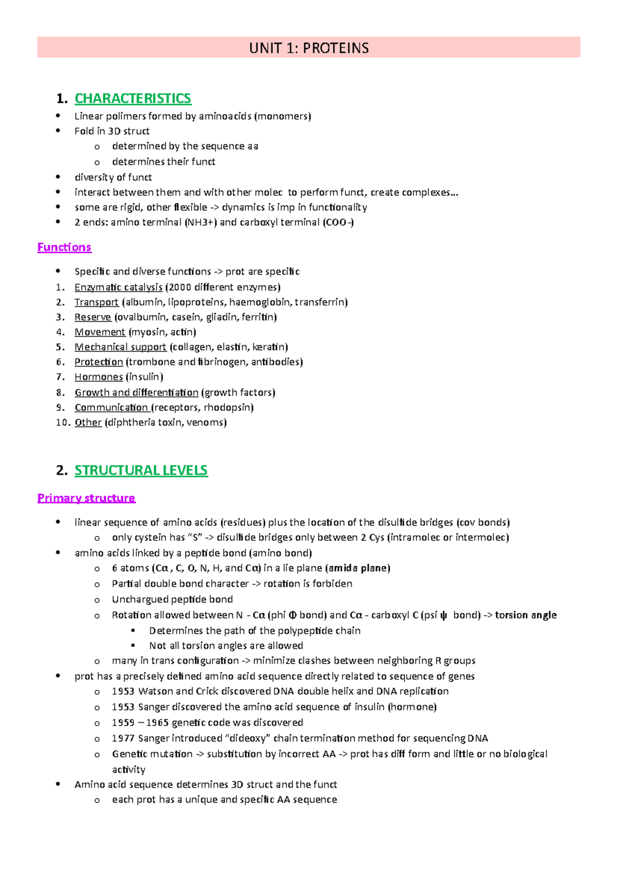 UNIT 2 proteins - Apuntes bioquímica T2 en inglés (estructura proteínas ...