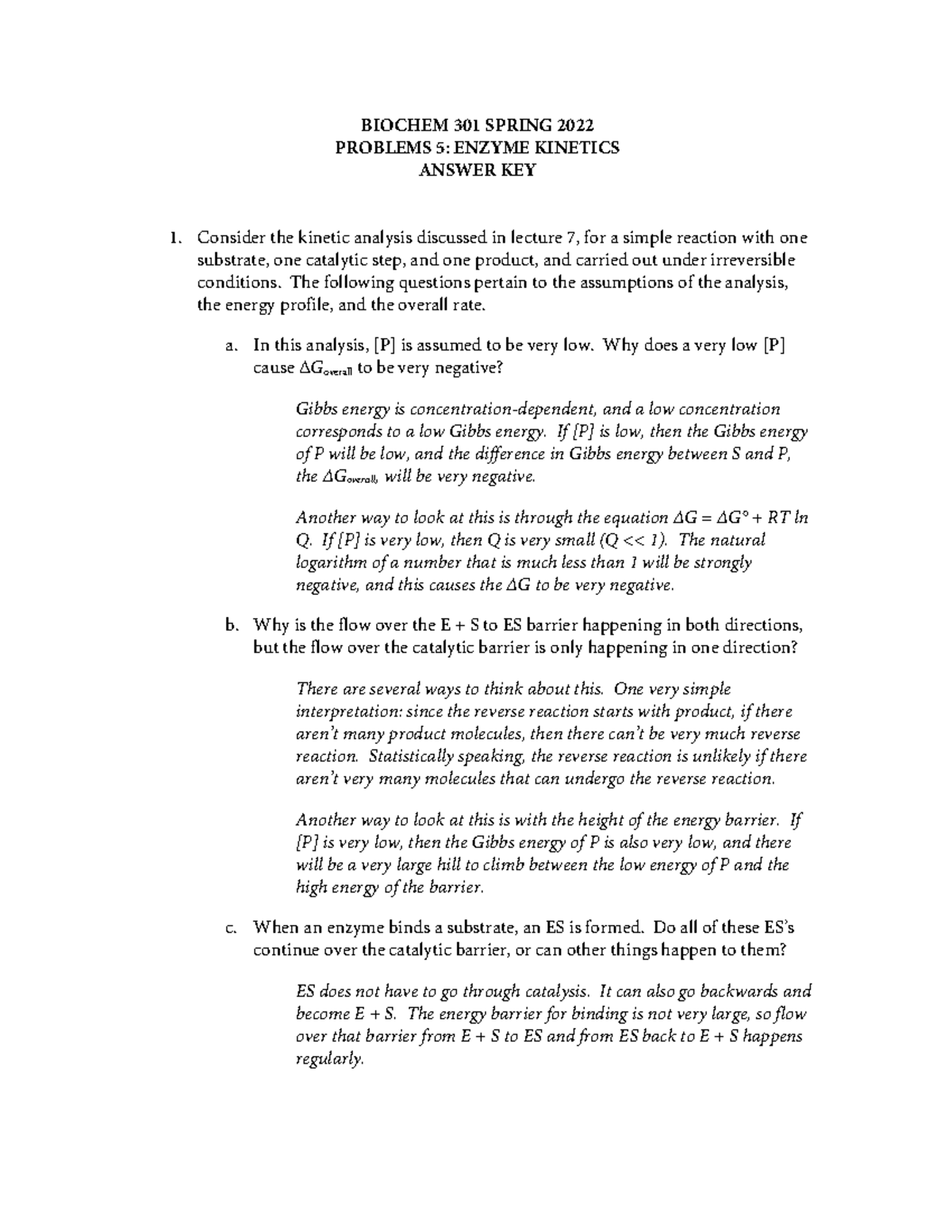 Problems 05 Enzyme Key BIOCHEM 301 SPRING 2022 PROBLEMS