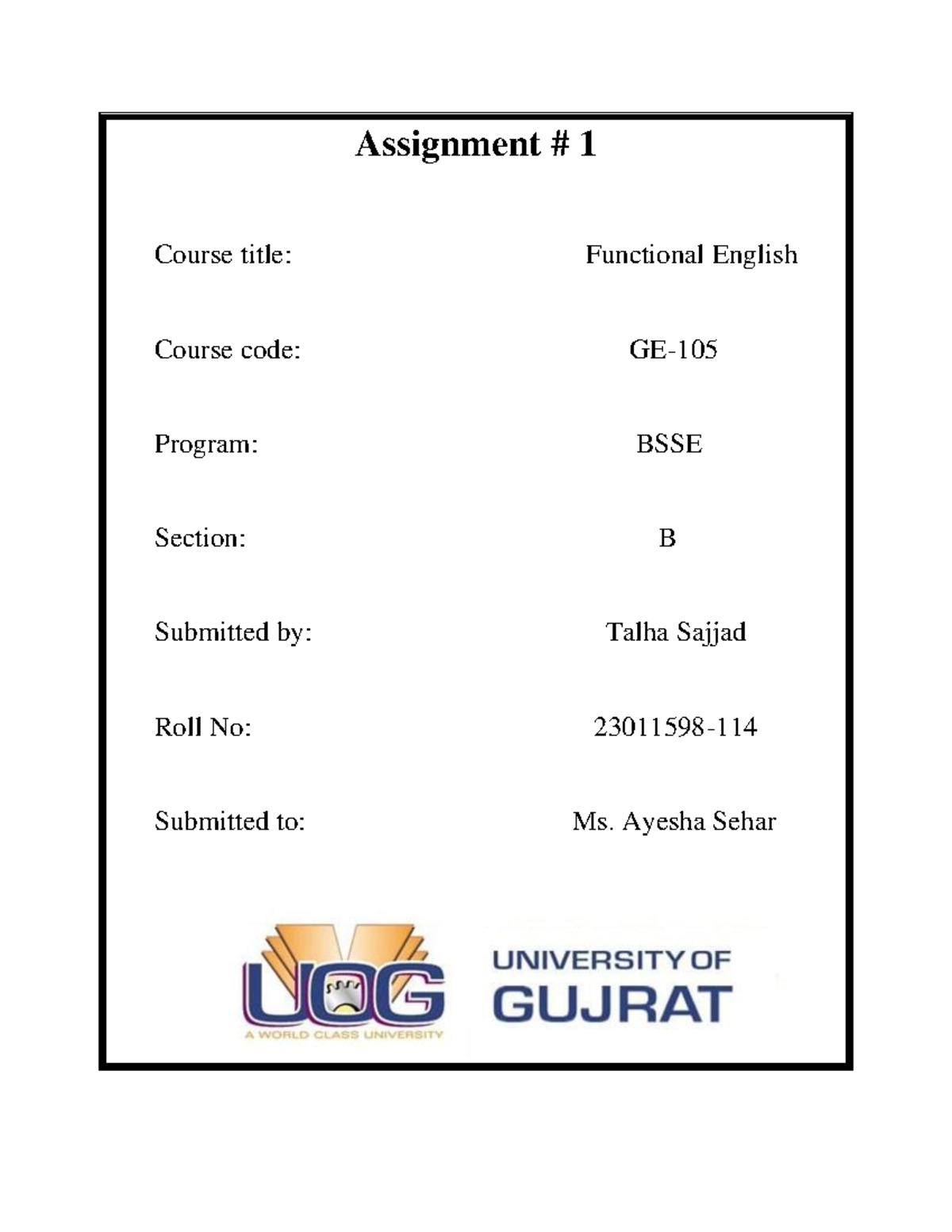 Fe talha - hfyrytc - Assignment # 1 Course title: Functional English ...