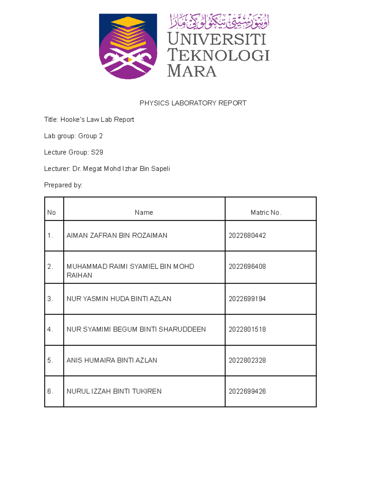 Hooke'S LAW LAB Report PHYSICS LABORATORY REPORT Title Hooke’s Law