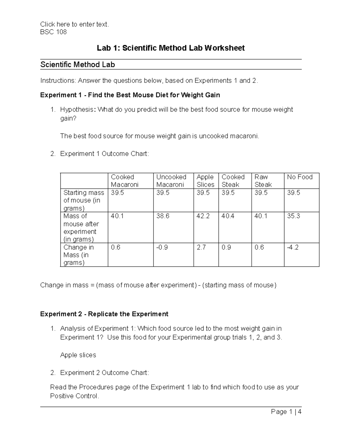 Lab 1 Scientific Method Lab Worksheet - BSC 108 Lab 1: Scientific ...