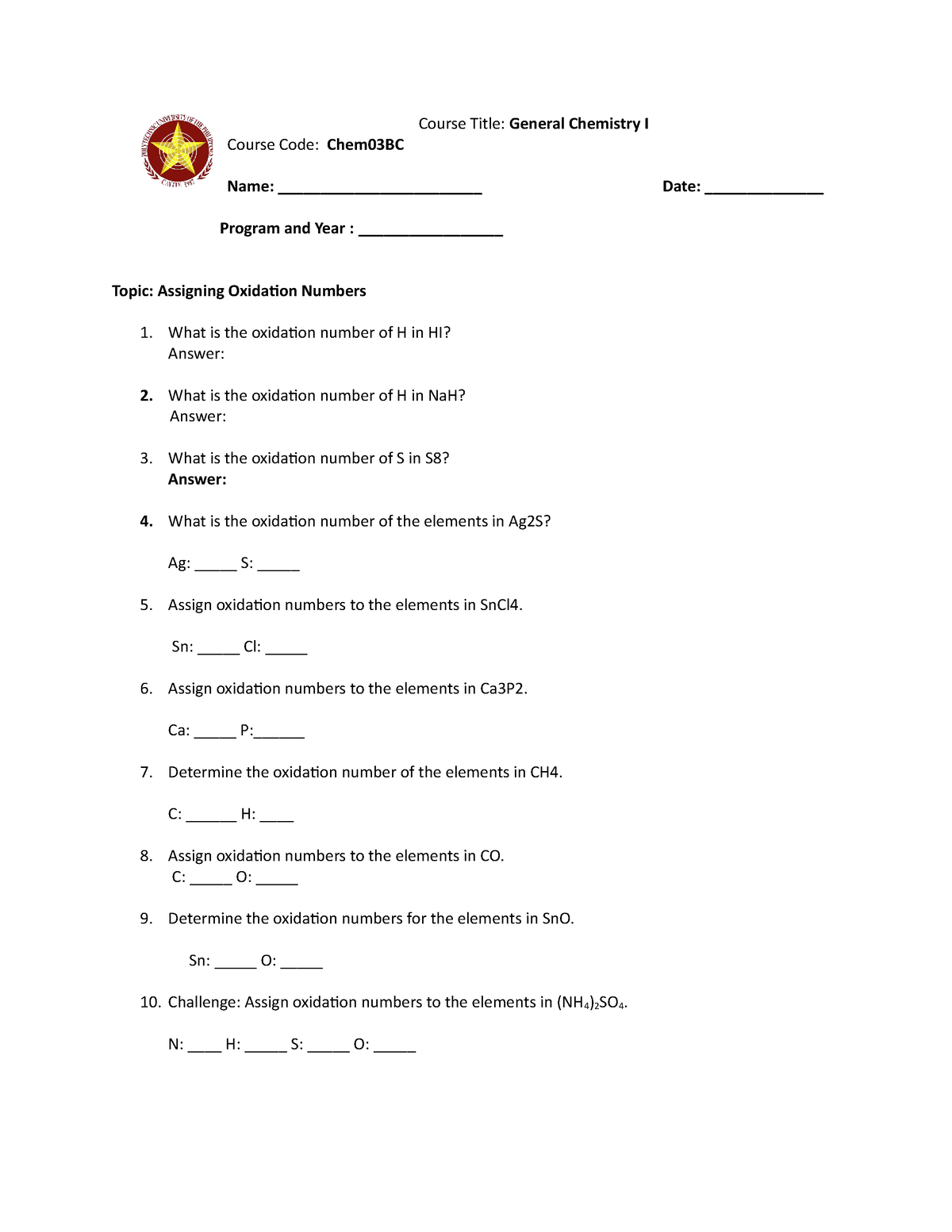 Assigning Oxidation Number Worksheet Course Code Chem03BC Course Title General Chemistry I
