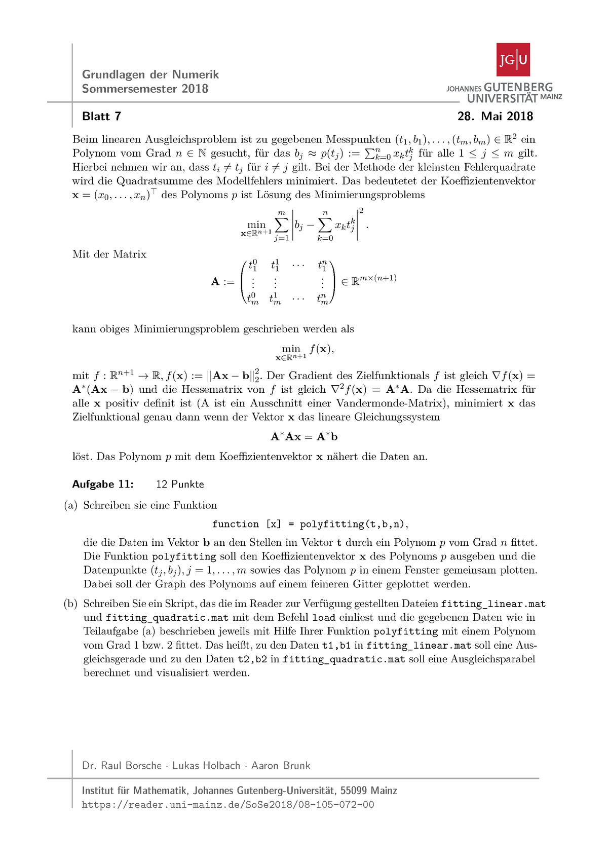 Praxisblatt 7 - SoSe18 Übungsblatt 7 - Grundlagen Der Numerik ...