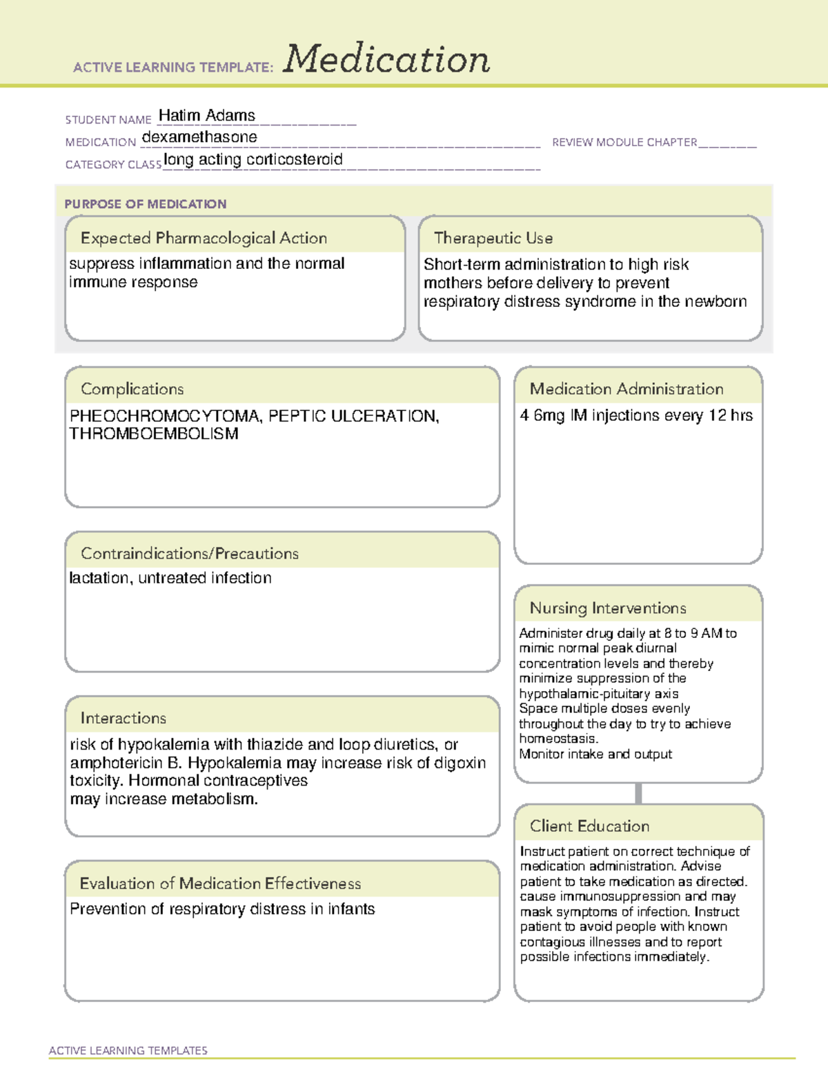 Dexamethasone drug card ACTIVE LEARNING TEMPLATES Medication