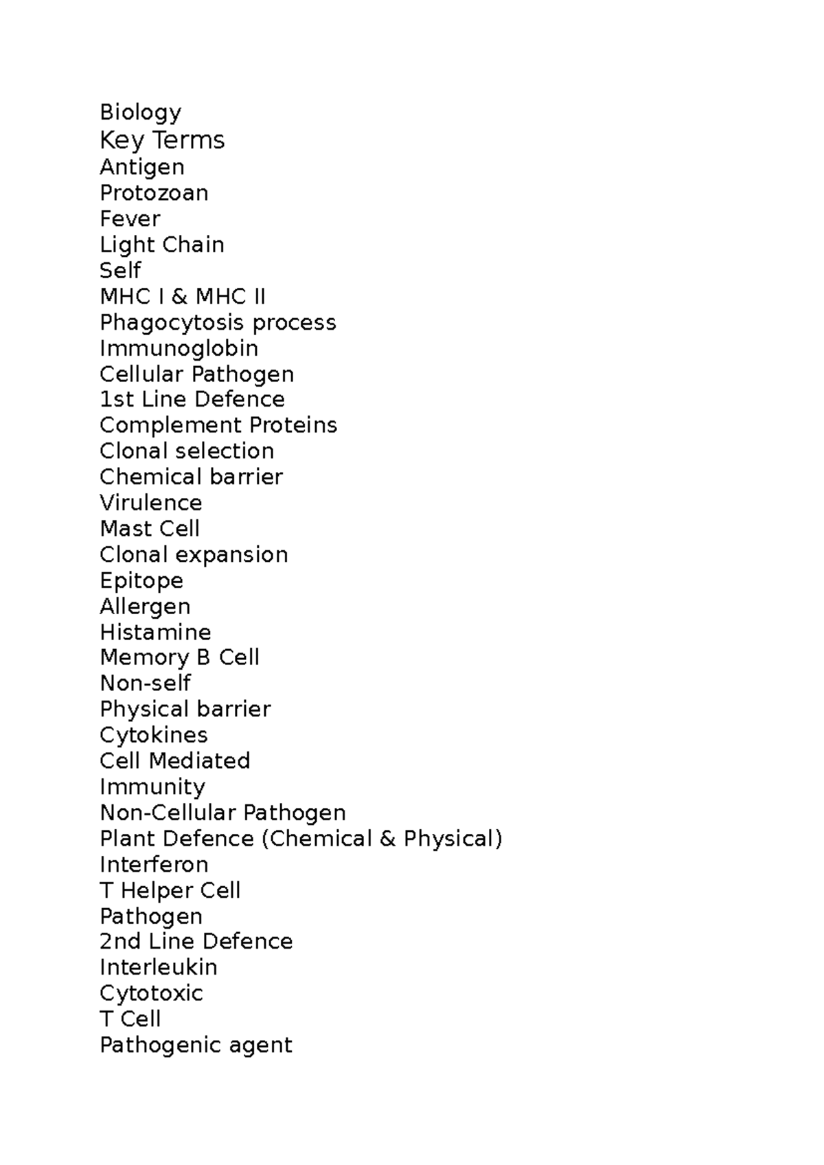 Cheat Sheet U4 Aos 1 - Biology Key Terms Antigen Protozoan Fever Light ...