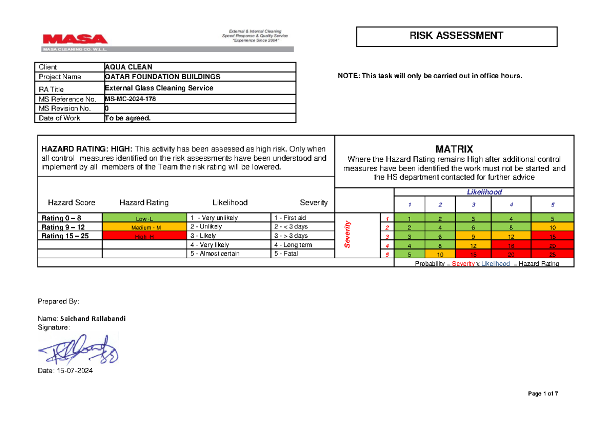 RA - 178 - Risk assessment for facade cleaning - NOTE: This task will ...