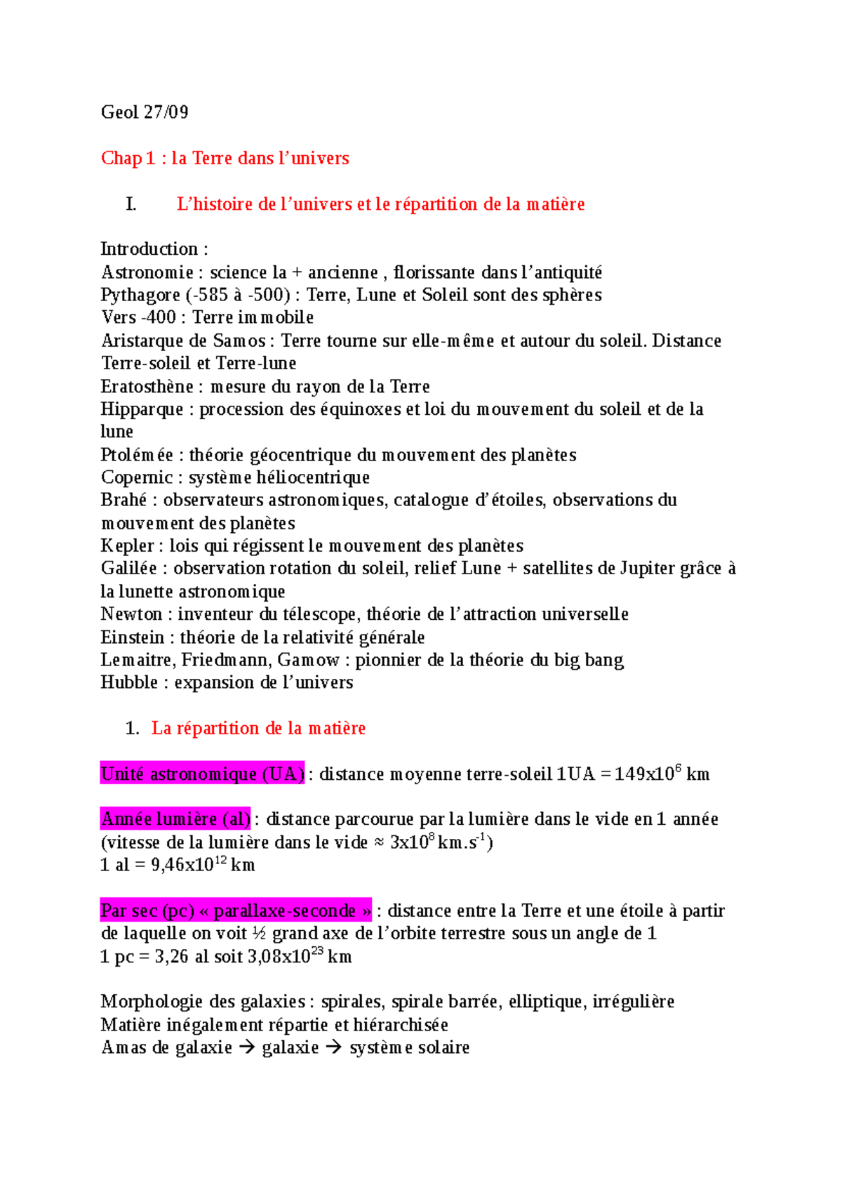 Chap 1 - Cours - Geol 27/ Chap 1 : La Terre Dans L’univers I. L ...