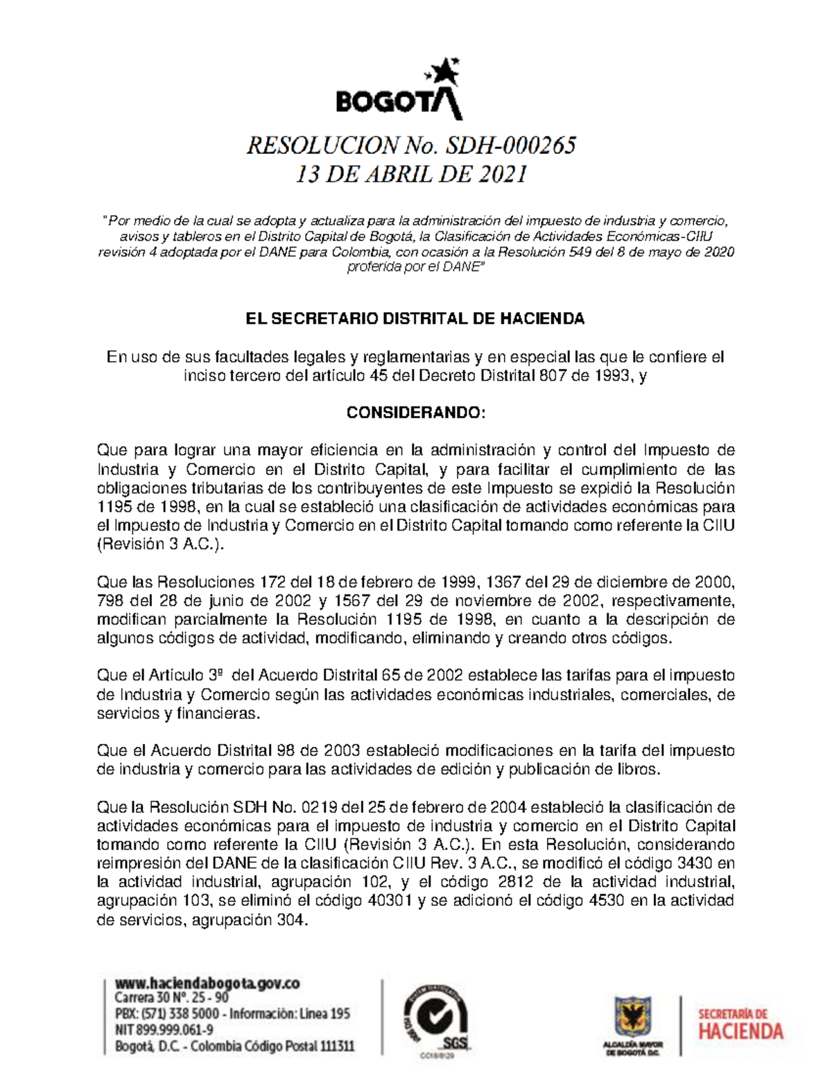 Resolucion DE Tarifas DE ICA , Reteica DE Bogota 2023 avisos y