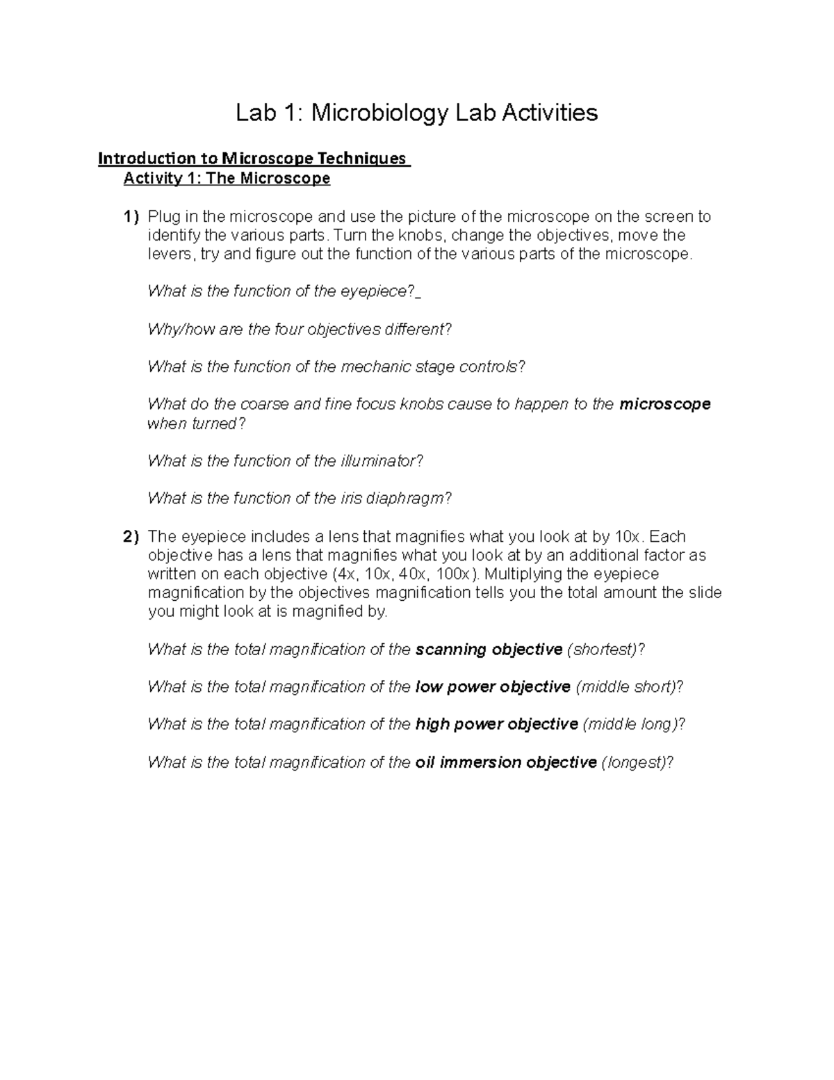 1 Microbiology Lab Assignment revised 2 Lab 1 Microbiology Lab Activities Introduction to