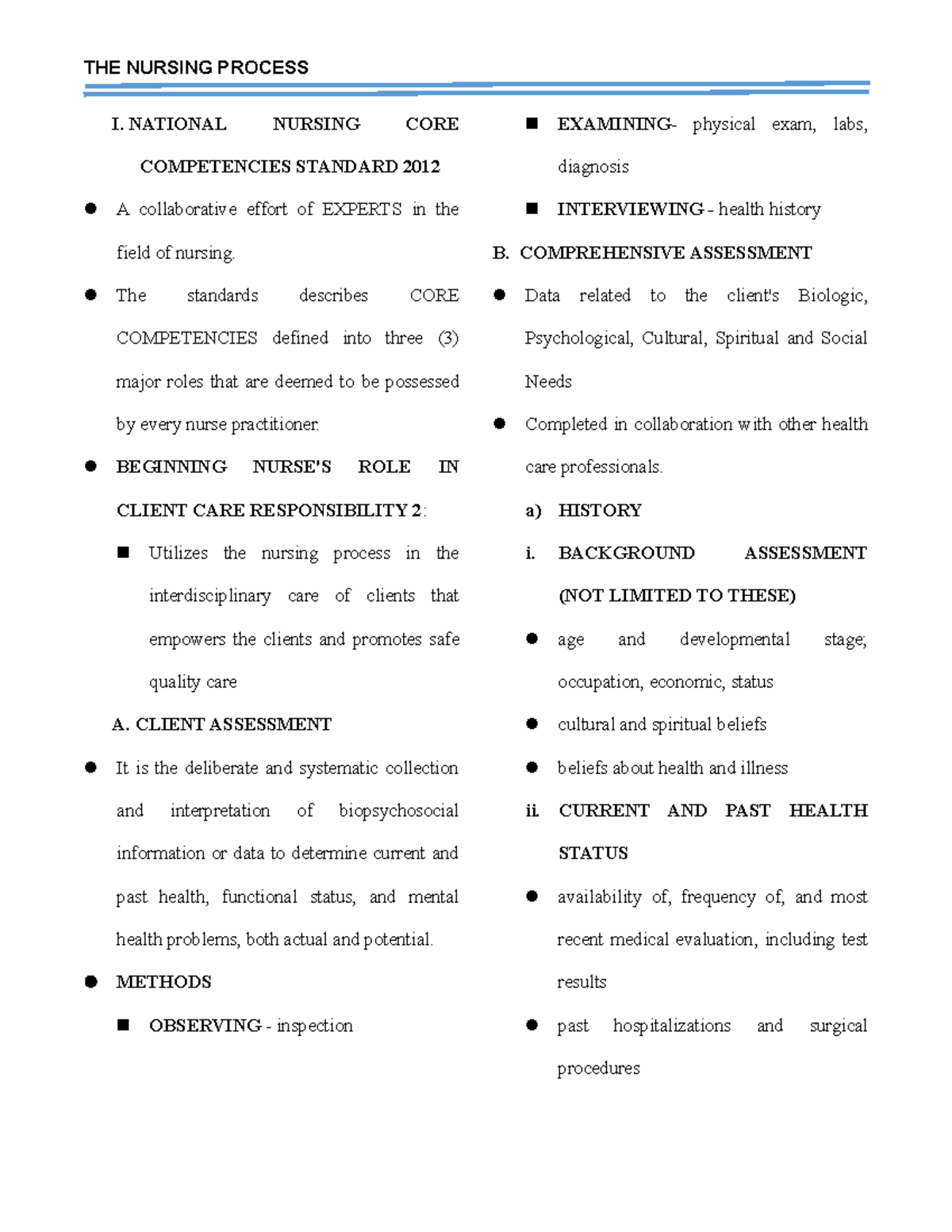 Psychiatric Nursing Nursing Process I. NATIONAL NURSING CORE