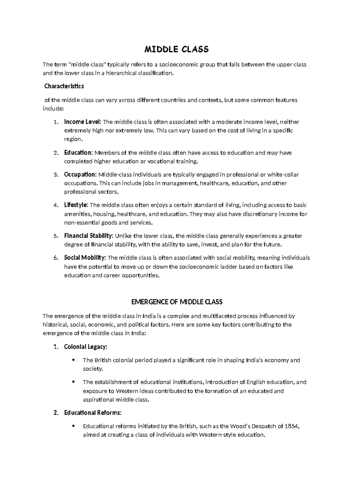 Develop Process V Notes - MIDDLE CLASS The term 