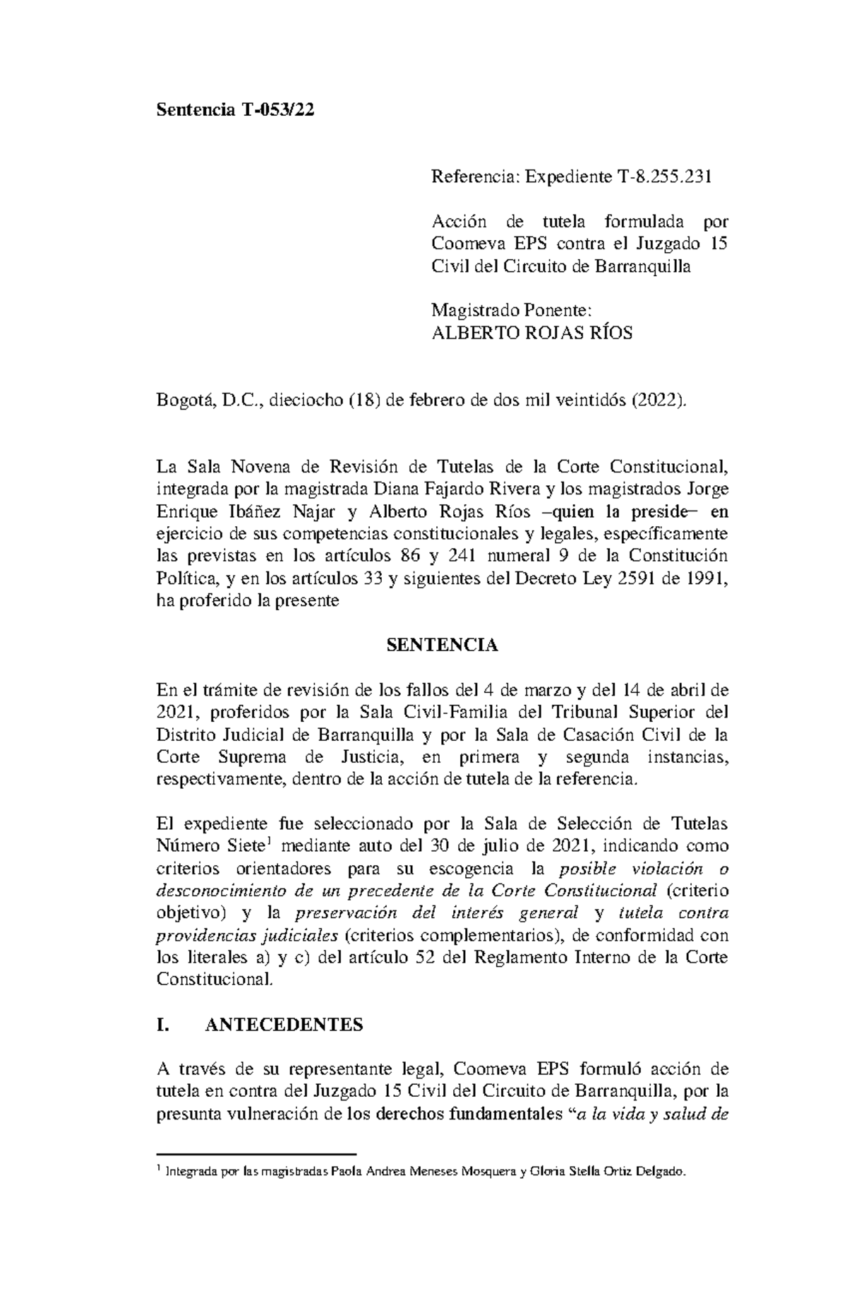 Sentencia T 053 de 2022 - JURSIPRUDENCIA - Sentencia T-053/ Referencia